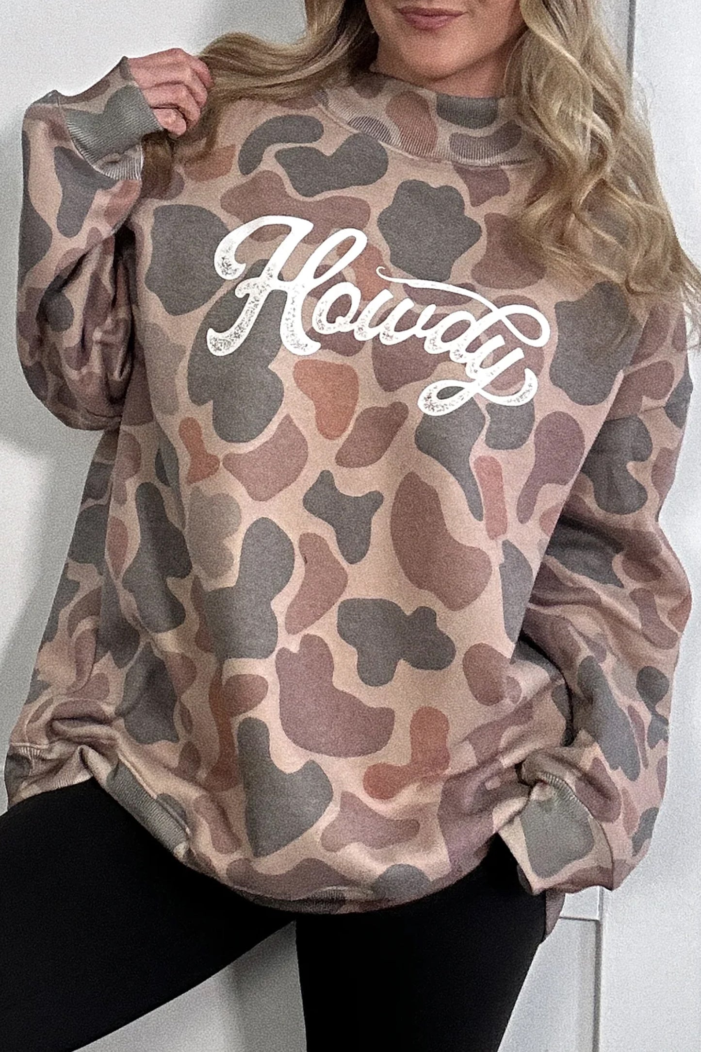 Multicolour Camo Print Howdy Western Style Baggy Pullover Sweatshirt-Tops/Sweatshirts & Hoodies-[Adult]-[Female]-2022 Online Blue Zone Planet