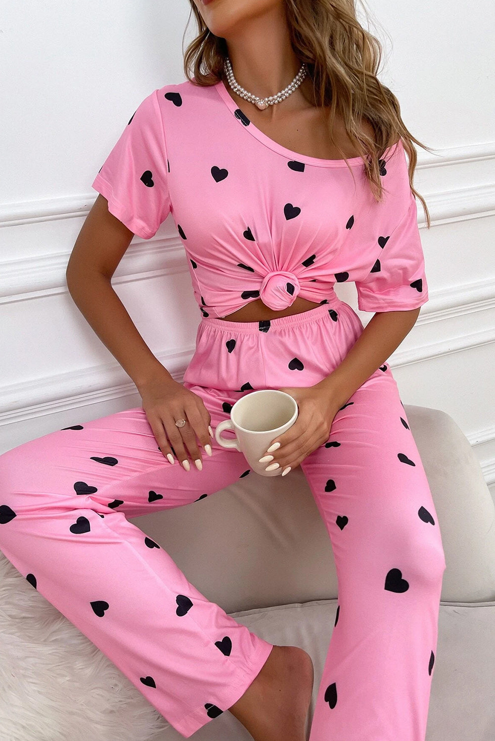 Pink Valentines Heart Print Tee & Pants Pajama Set-Loungewear Set-[Adult]-[Female]-2022 Online Blue Zone Planet