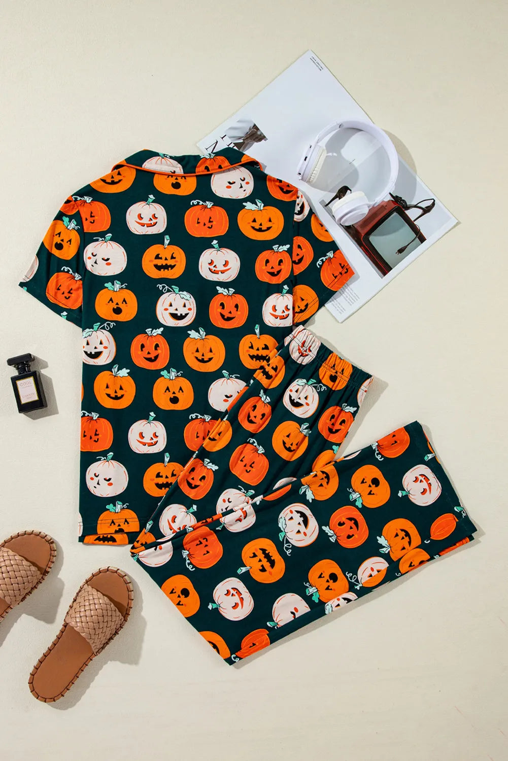 Pumpkin Printed Short Sleeve Top and Pants Lounge Set-BOTTOMS SIZES SMALL MEDIUM LARGE-[Adult]-[Female]-2022 Online Blue Zone Planet