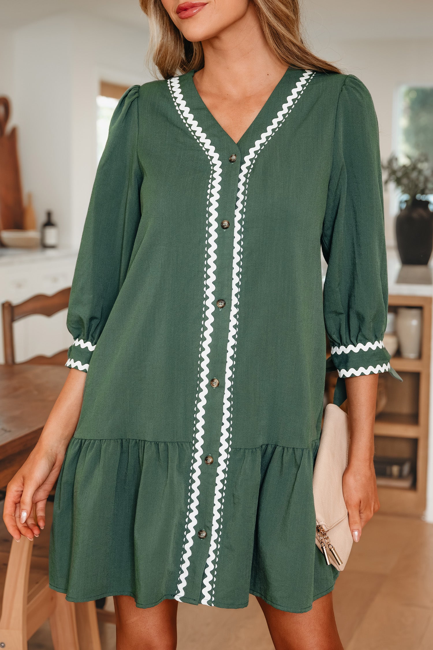 Canton Contrast Ricrac Trim Button V Neck Knotted Bracelet Sleeve Shift Dress-Bracelet-[Adult]-[Female]-2022 Online Blue Zone Planet