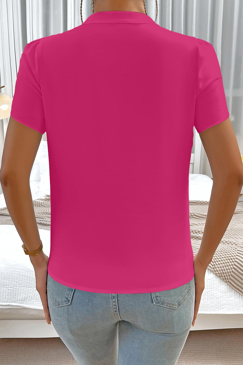Rose Red Silky Notched Neckline Petal Sleeve Blouse-Tops/Blouses & Shirts-[Adult]-[Female]-2022 Online Blue Zone Planet