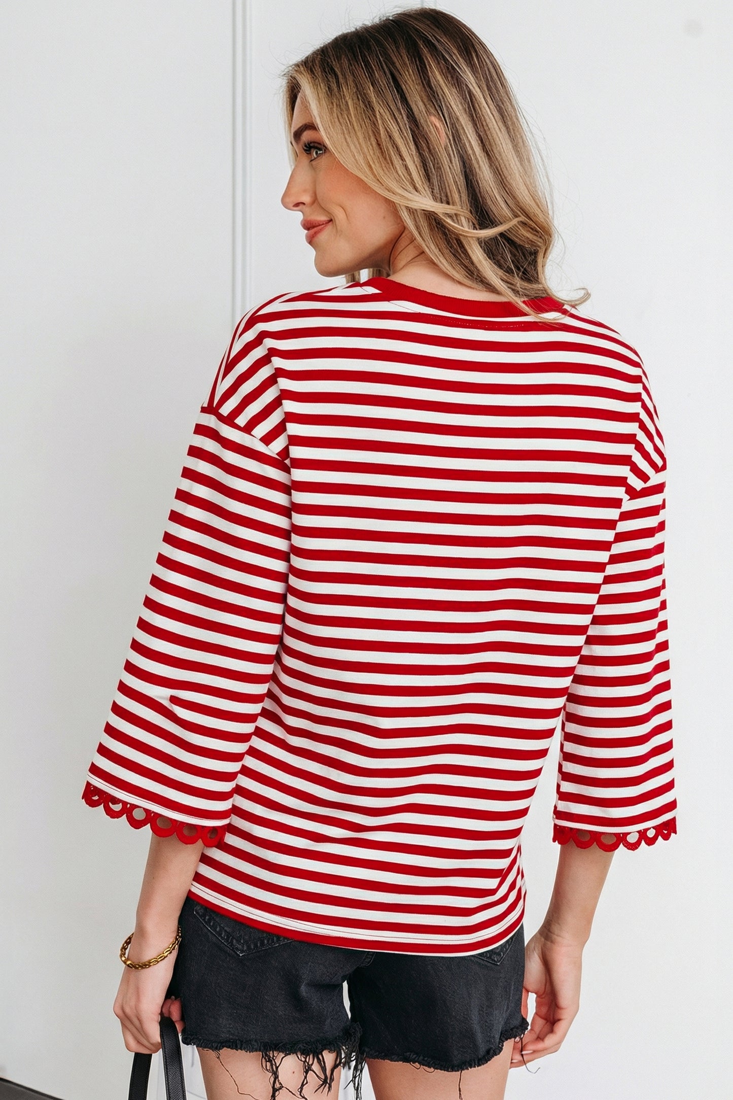 Sachet Pink Striped Print Drop Shoulder Lace Trim Bracelet Sleeve Loose Top