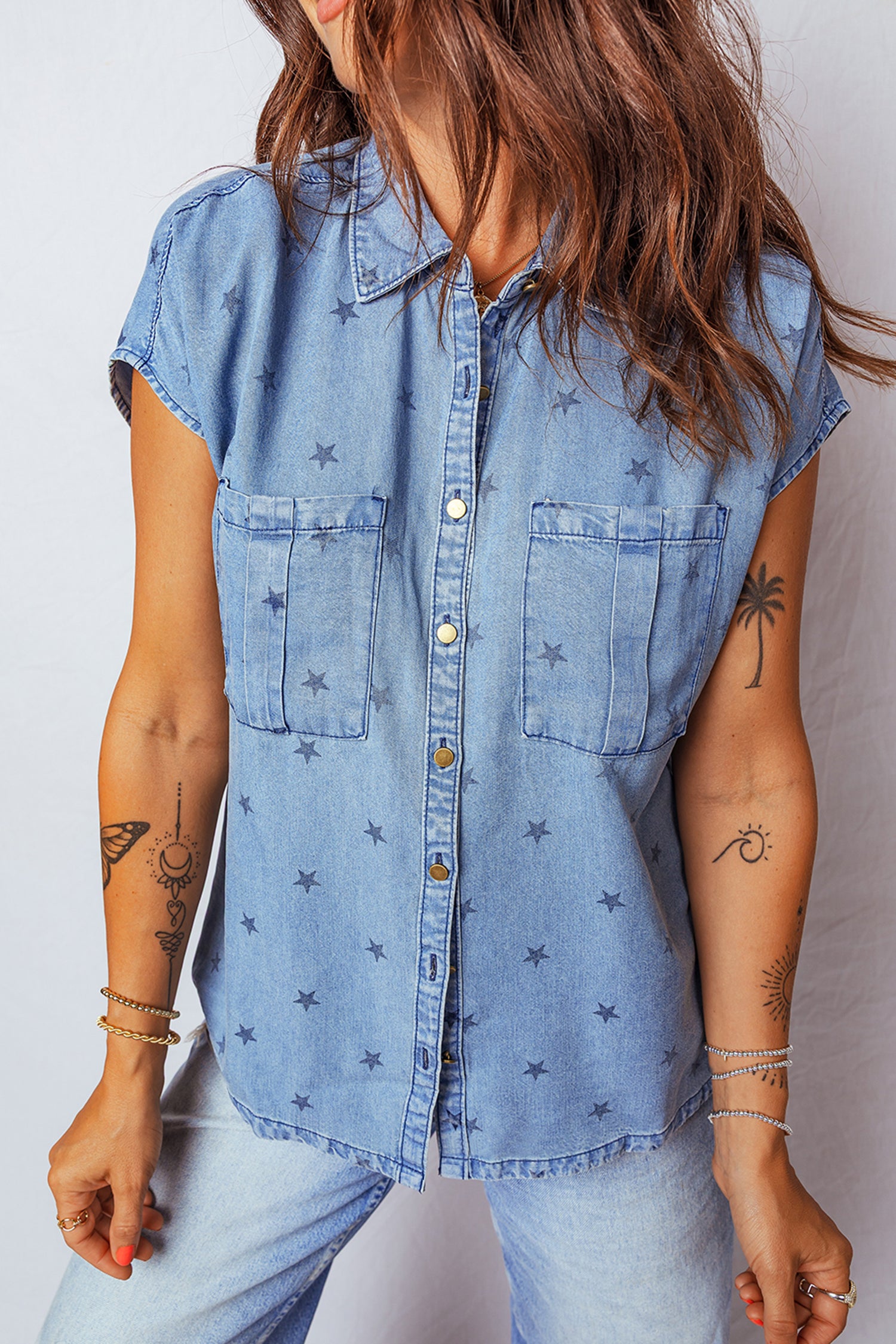 Beau Blue Star Allover Print Double Chest Pocket Short Sleeve Denim Shirt-Tops/Blouses & Shirts-[Adult]-[Female]-2022 Online Blue Zone Planet