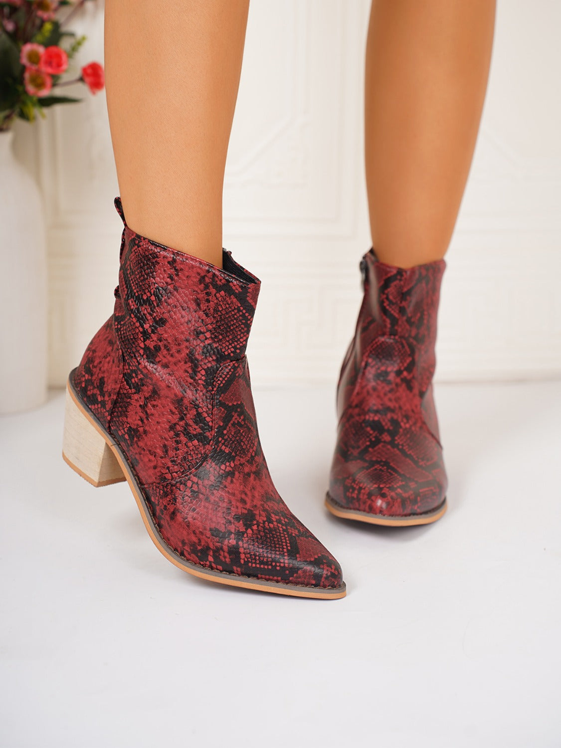 PU Leather Snakeskin Print Block Heel Boots-BOOTS-[Adult]-[Female]-2022 Online Blue Zone Planet