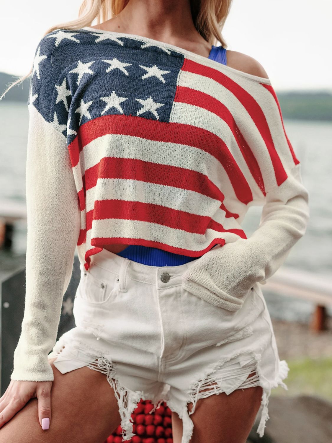 Blue Zone Planet | US Flag Boat Neck Long Sleeve Knit Top-TOPS / DRESSES-[Adult]-[Female]-2022 Online Blue Zone Planet