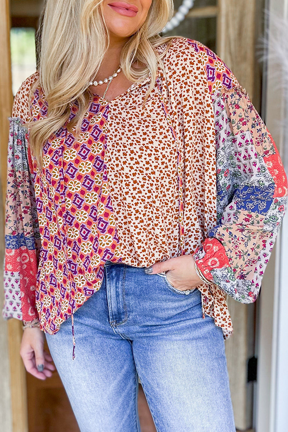 Blue Zone Planet | Orange Mixed Floral Printed Long Sleeve Tied V Neck Blouse-Tops/Blouses & Shirts-[Adult]-[Female]-Orange-S-2022 Online Blue Zone Planet