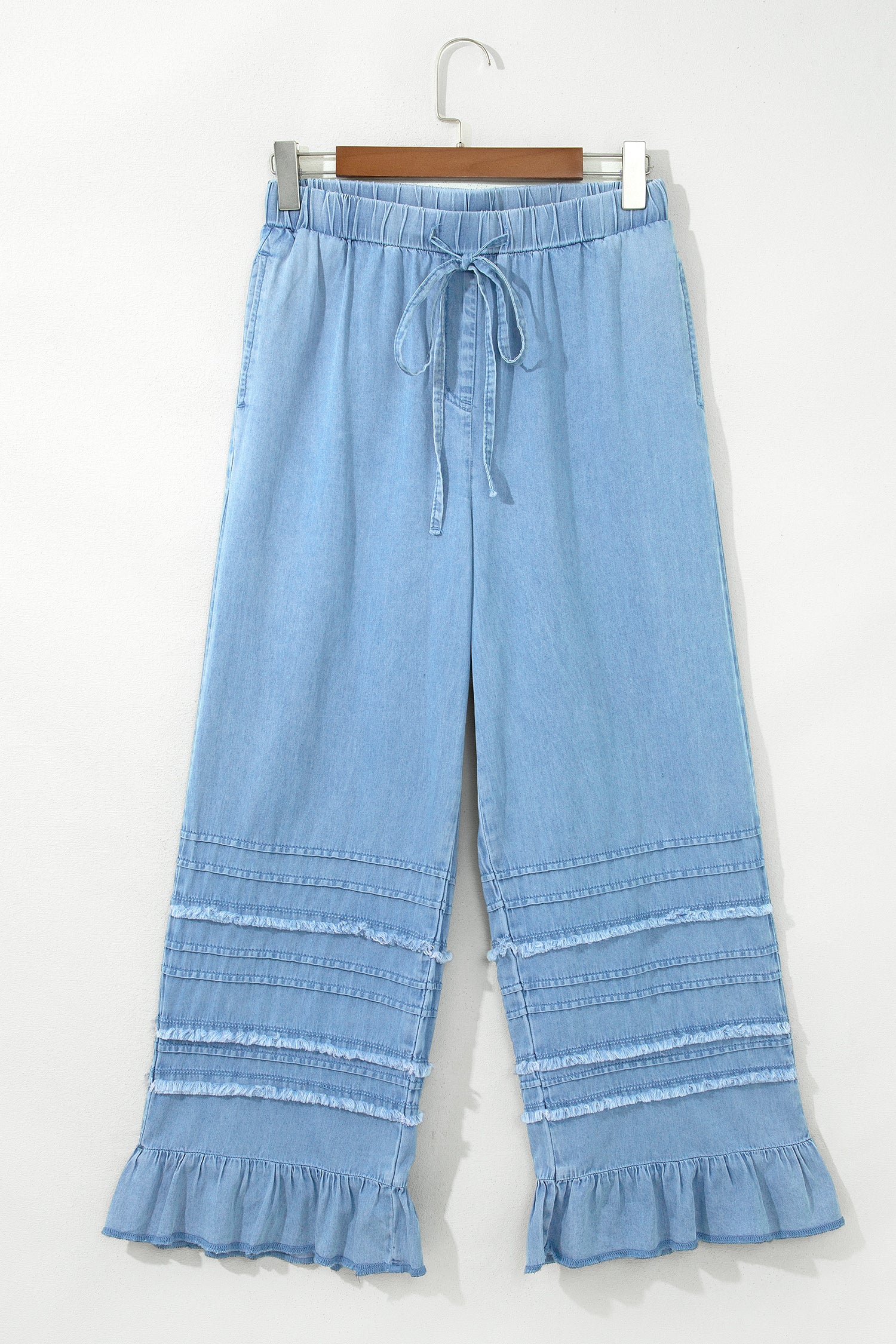 Beau Blue Ruffled Hem Wide Leg Chambray Pants-Bottoms/Jeans-[Adult]-[Female]-2022 Online Blue Zone Planet