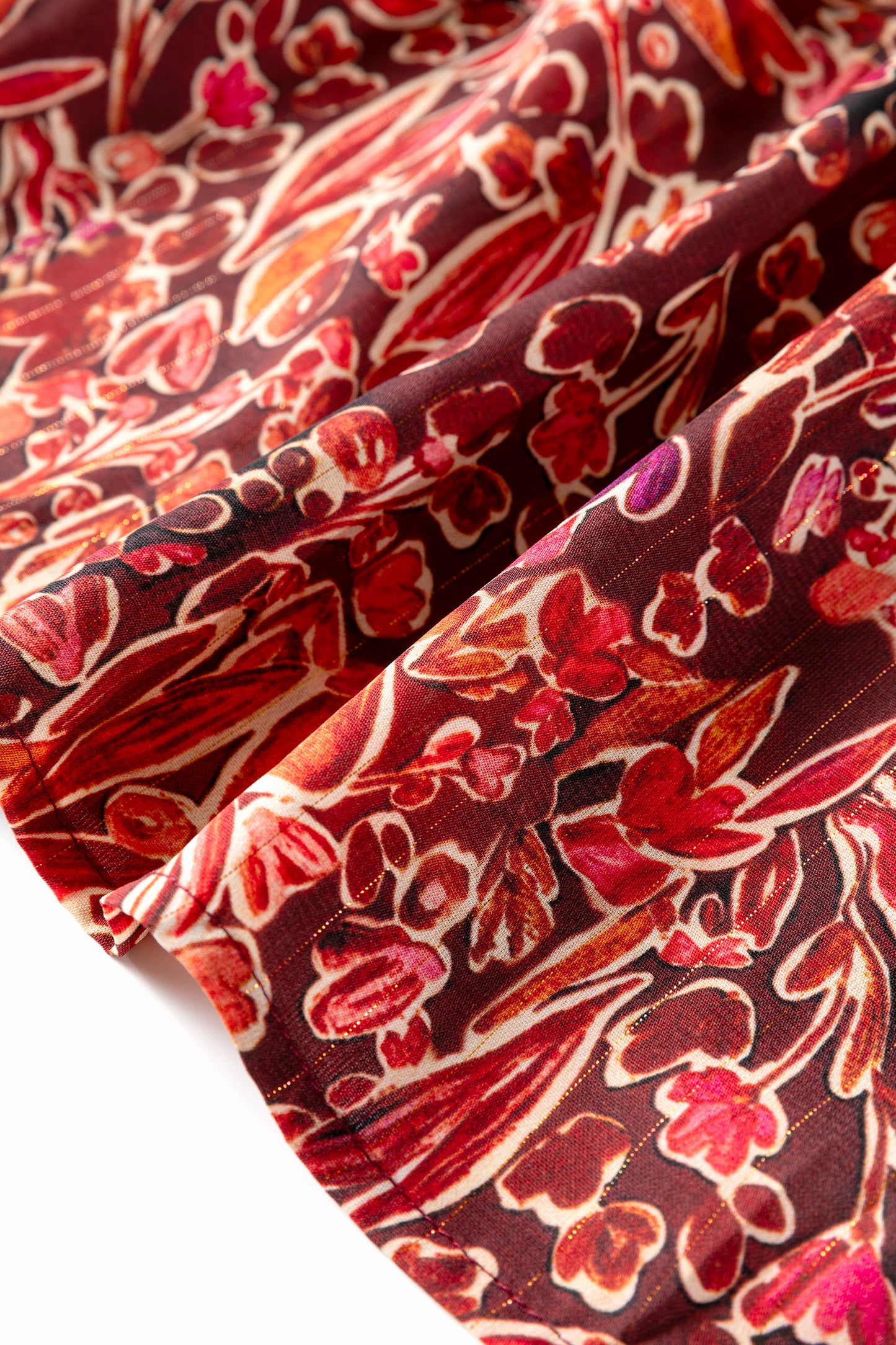 Red Floral Print Long Sleeve Shirred High Neck Loose Mini Dress-TOPS / DRESSES-[Adult]-[Female]-2022 Online Blue Zone Planet