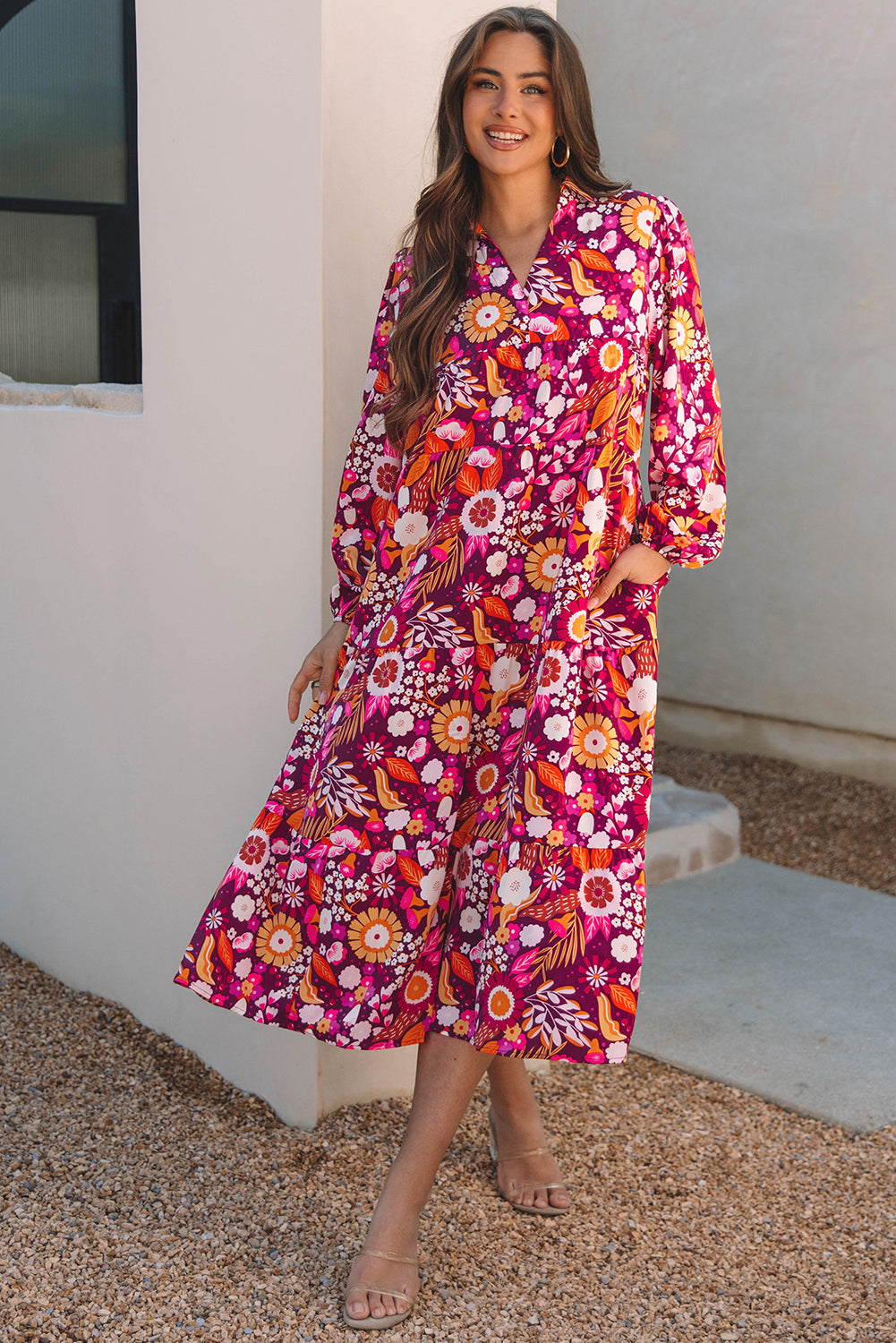 Blue Zone Planet | Purple Collared Tiered Flowy Long Dress-TOPS / DRESSES-[Adult]-[Female]-2022 Online Blue Zone Planet