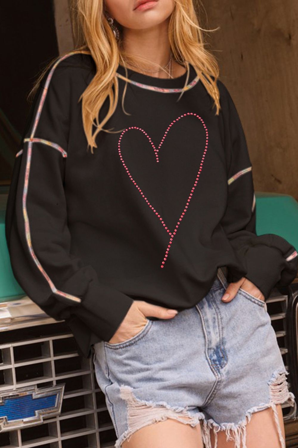 Valentine’s Day Rhinestone Heart Round Neck Long Sleeve Sweatshirt-TOPS / DRESSES-[Adult]-[Female]-Black-S-2022 Online Blue Zone Planet