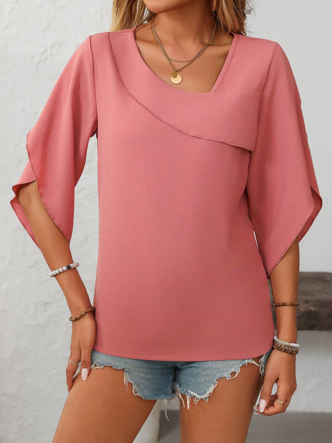 Mandy Ruffled Asymmetrical Neck Half Sleeve Blouse-TOPS / DRESSES-[Adult]-[Female]-Dusty Pink-S-2022 Online Blue Zone Planet