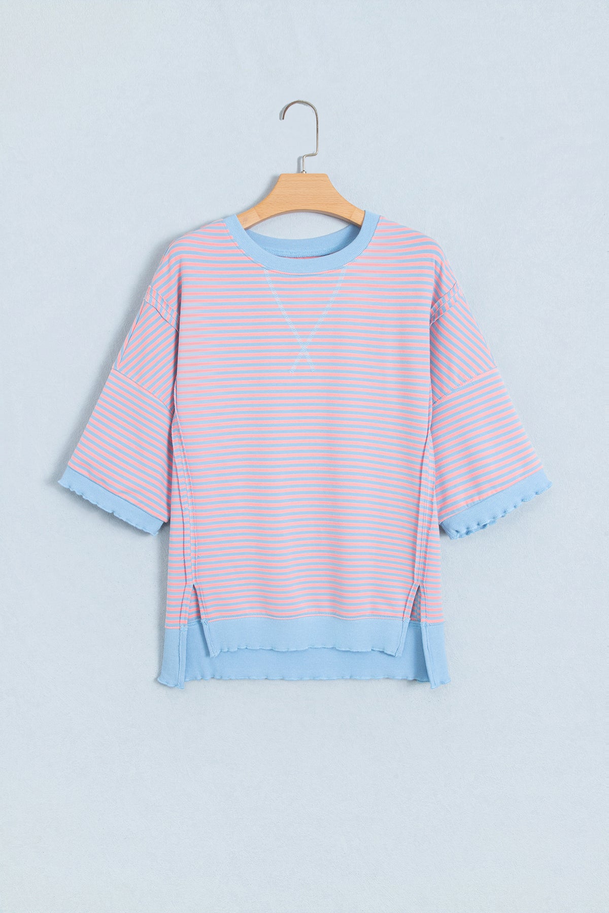 Sky Blue Stripe Colorblock Scalloped Trim Loose 3/4 Sleeve Top-Tops/Long Sleeve Tops-[Adult]-[Female]-2022 Online Blue Zone Planet
