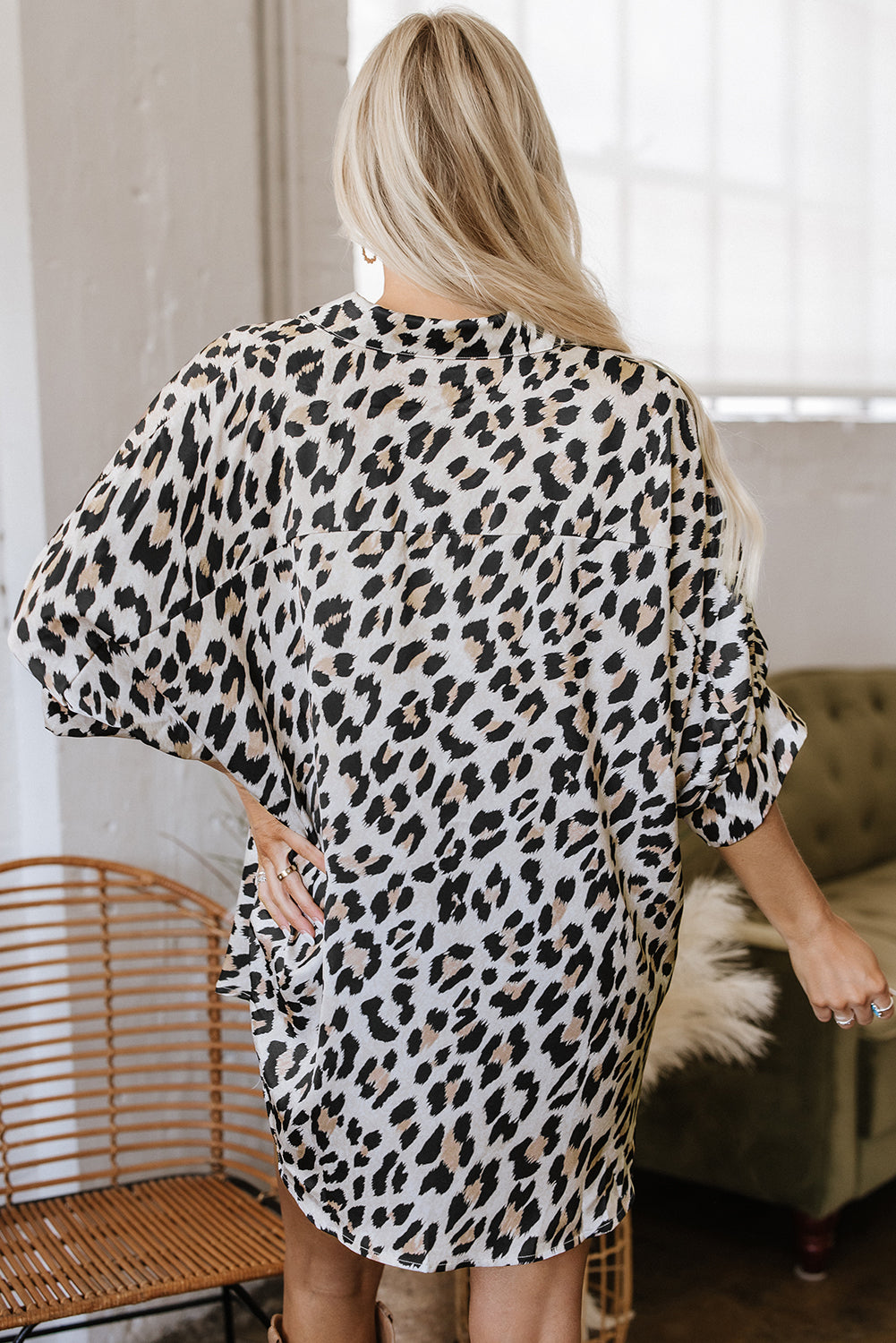 Beige Leopard Print Buttoned 3/4 Sleeve Loose Fit Shirt-Tops/Blouses & Shirts-[Adult]-[Female]-2022 Online Blue Zone Planet
