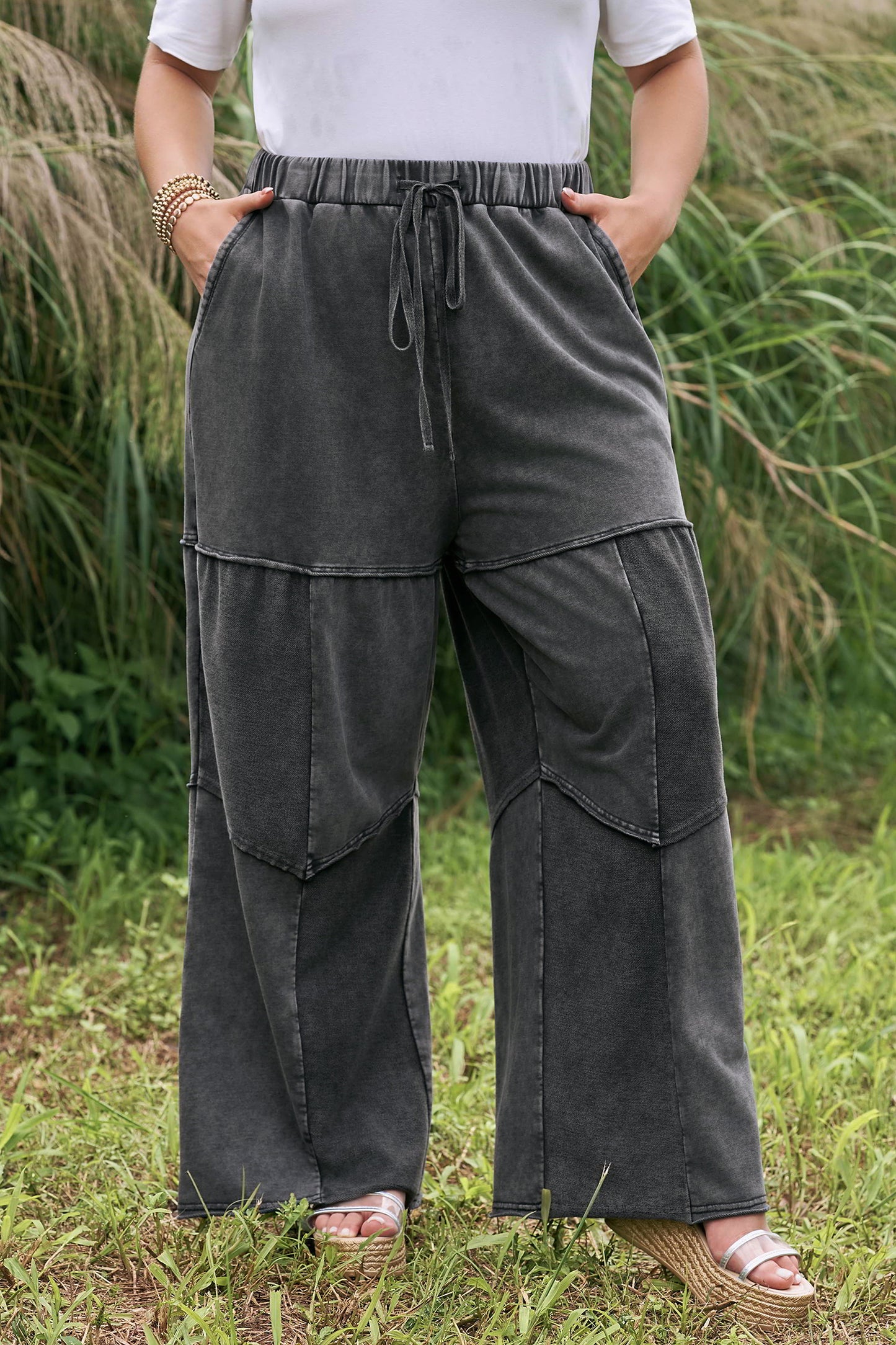 Black Plus Size Mineral Wash Exposed Seam Patchwork Drawstring Loose Pants-Plus Size/Plus Size Bottoms-[Adult]-[Female]-2022 Online Blue Zone Planet