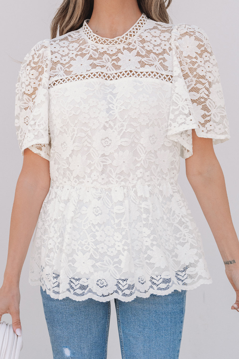 White Short Sleeve Scalloped Floral Lace Peplum Blouse-Tops/Blouses & Shirts-[Adult]-[Female]-2022 Online Blue Zone Planet
