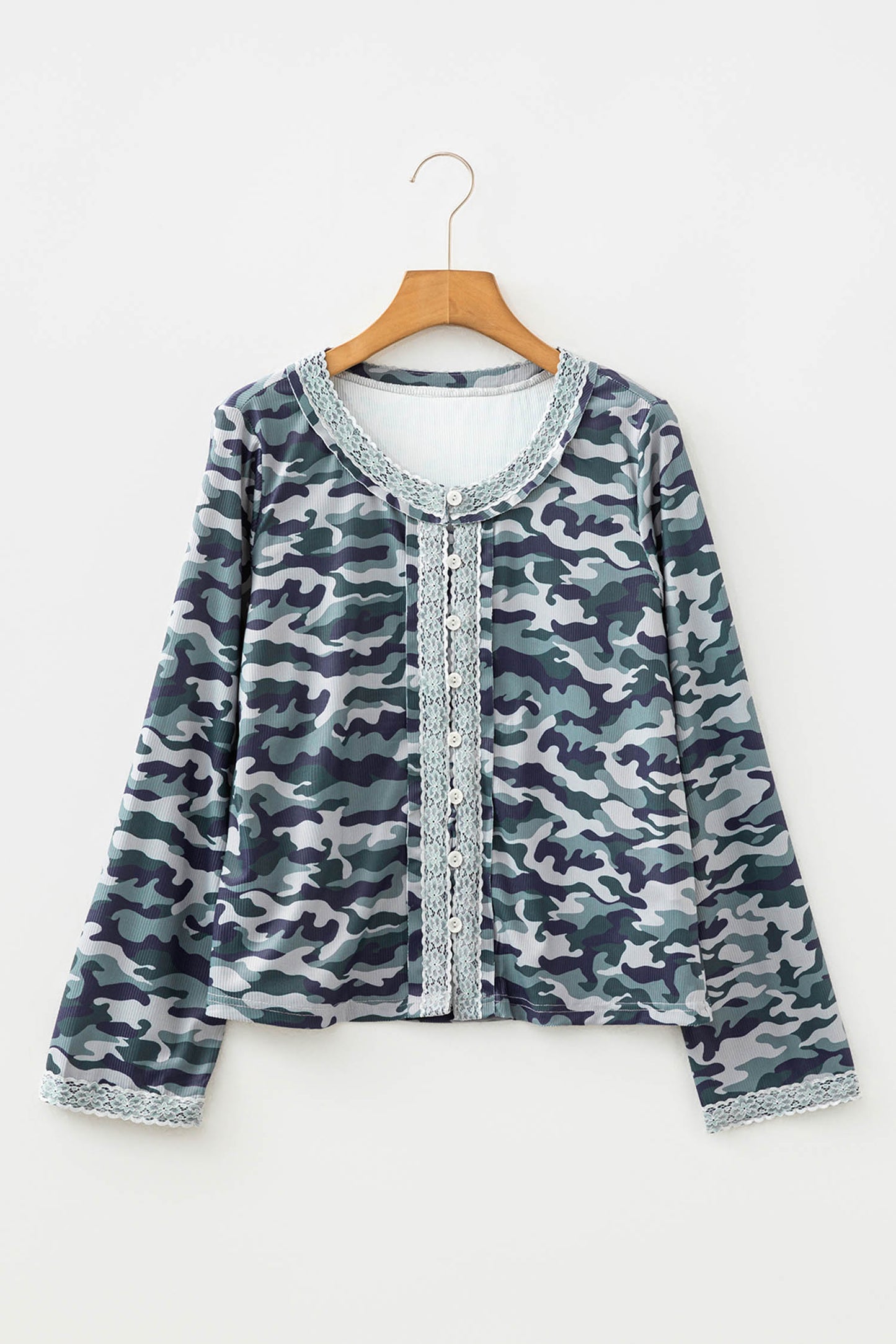 Green Camouflage Print Lace Patchwork Detail Button Long Sleeve Top-Tops/Long Sleeve Tops-[Adult]-[Female]-2022 Online Blue Zone Planet