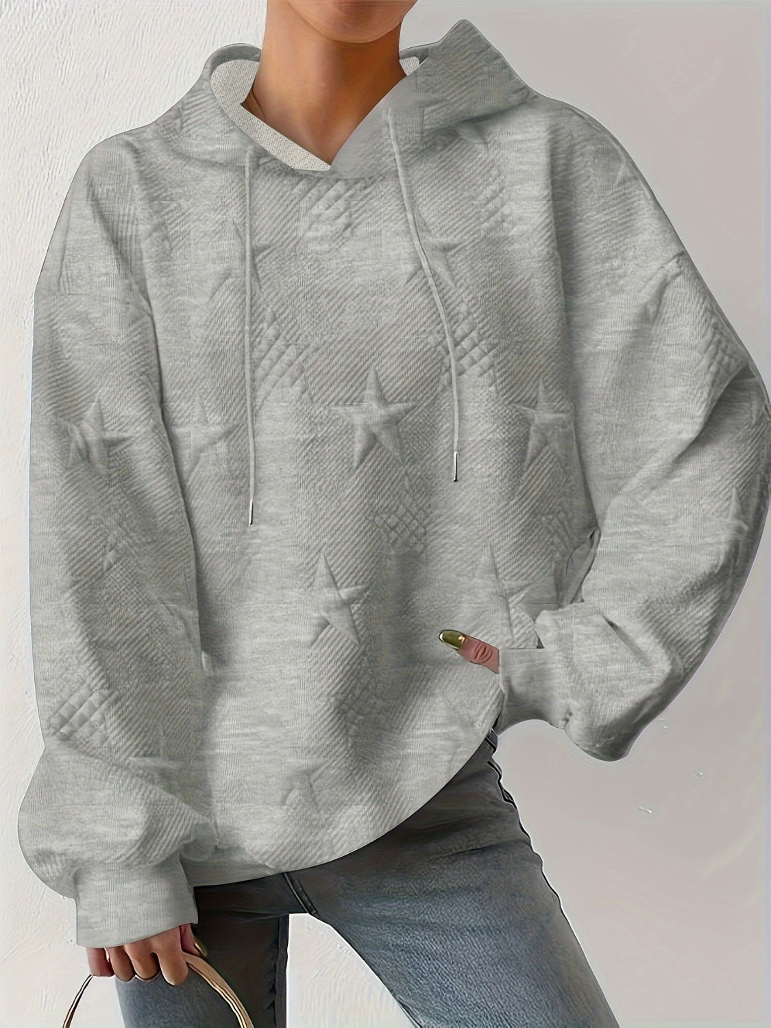 Plus Size Star Texture Long Sleeve Drawstring Hoodie-TOPS / DRESSES-[Adult]-[Female]-Gray-XL-2022 Online Blue Zone Planet