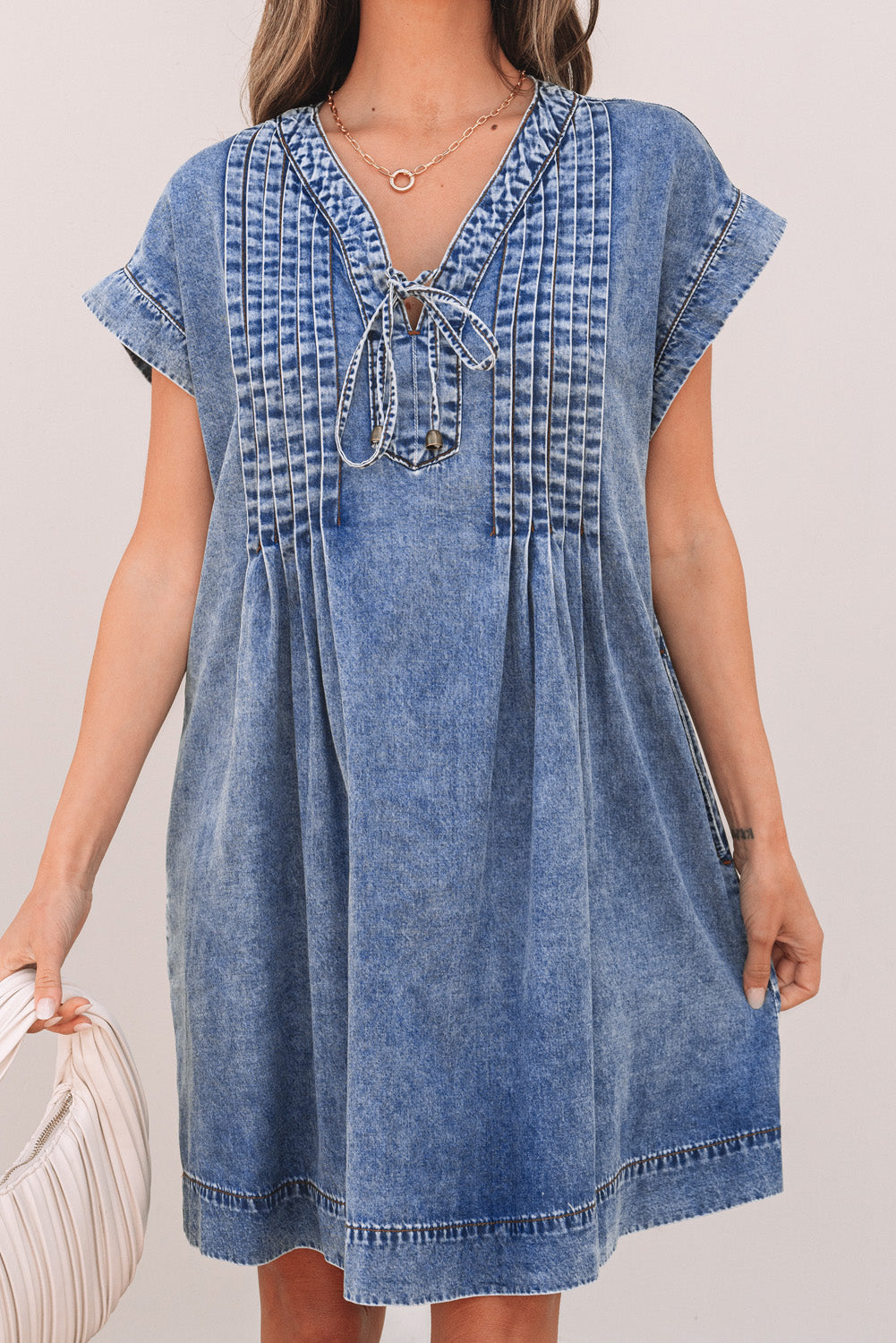 Beau Blue Tie V Neck Tucking Detail Short Sleeve Denim Shift Dress-TOPS / DRESSES-[Adult]-[Female]-2022 Online Blue Zone Planet