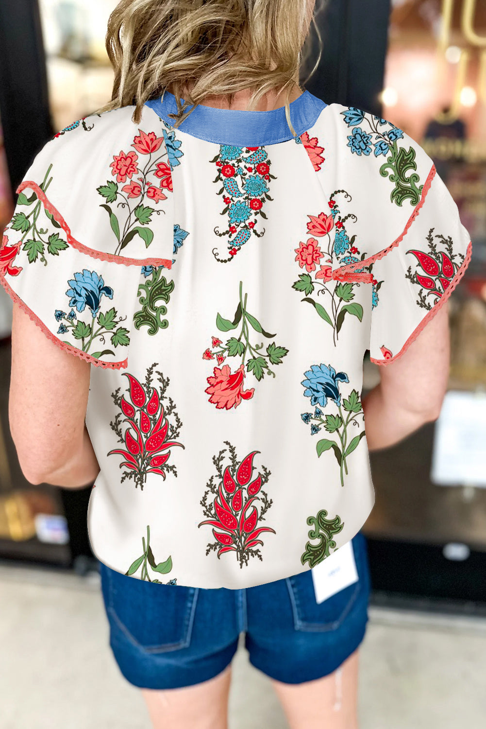 White Floral Print Contrast V Neck Tassel Tie Lace Detail Short Sleeve Blouse-Tops/Blouses & Shirts-[Adult]-[Female]-2022 Online Blue Zone Planet