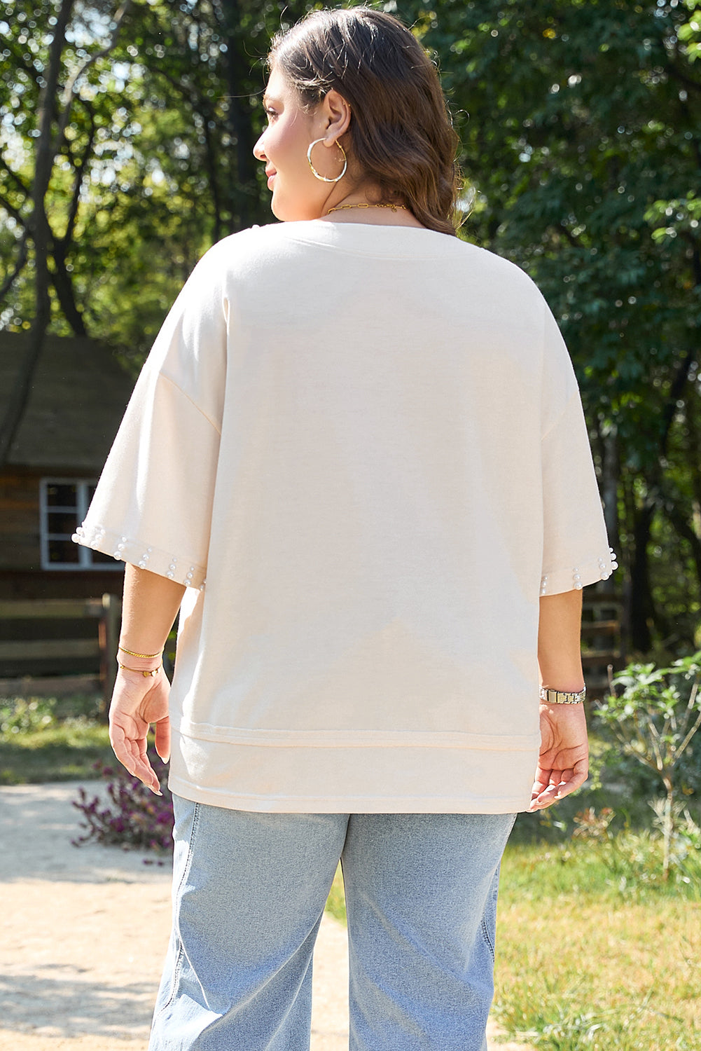 Blue Zone Planet | Beige Pearl Decor Crew Neck Half Sleeve Plus Size T Shirt-Plus Size/Plus Size Tops/Plus Size Tops & Tees-[Adult]-[Female]-2022 Online Blue Zone Planet