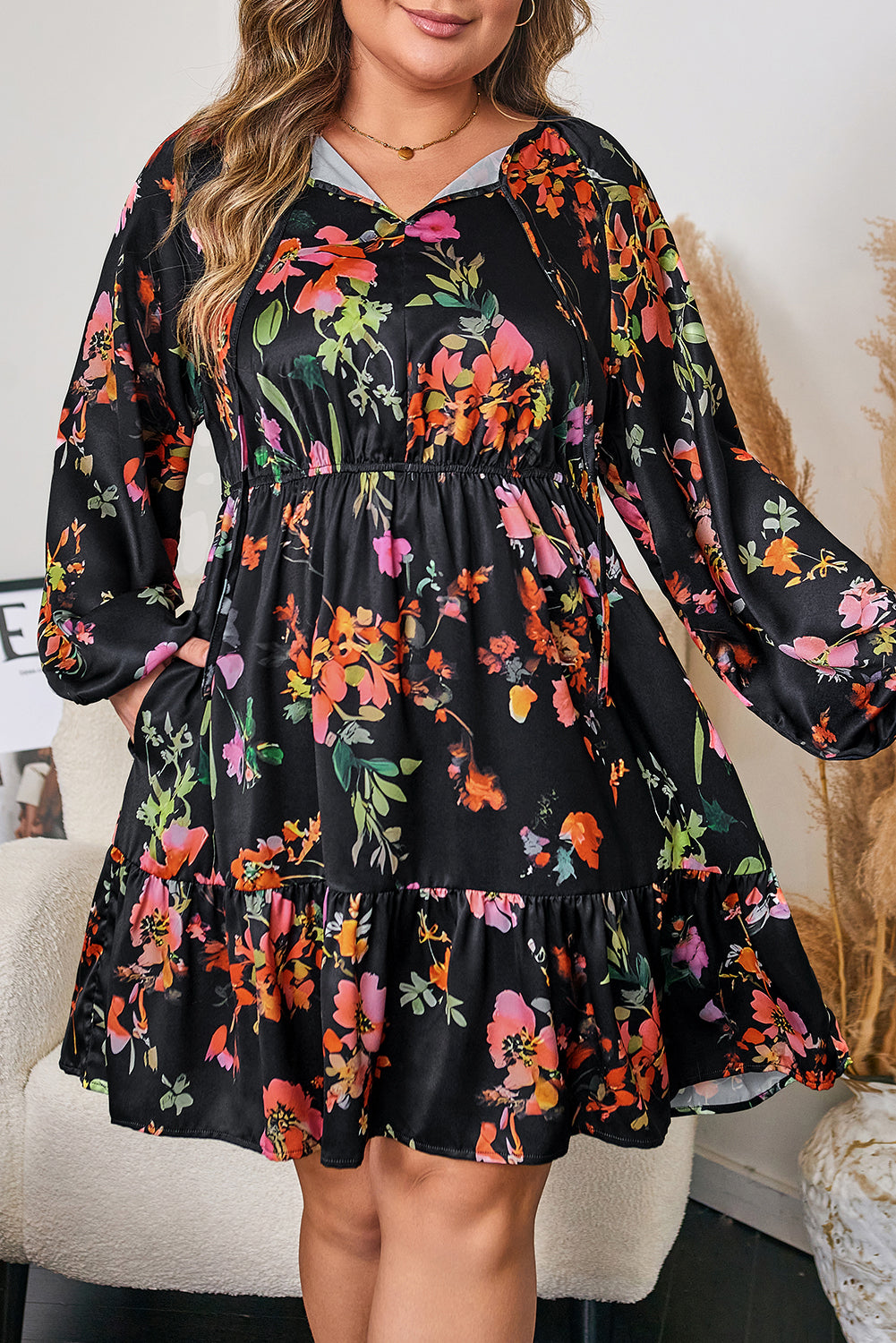 Black Plus Size Floral Print Tie Neck Cinched Waist Long Sleeve Mini Dress-Plus Size/Plus Size Dresses/Plus Size Mini Dresses-[Adult]-[Female]-2022 Online Blue Zone Planet