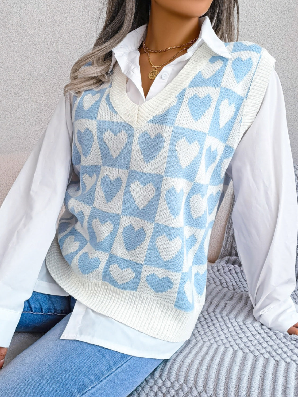 Blue Zone Planet | Heart V-Neck Sweater Vest-TOPS / DRESSES-[Adult]-[Female]-Pastel Blue-S-2022 Online Blue Zone Planet