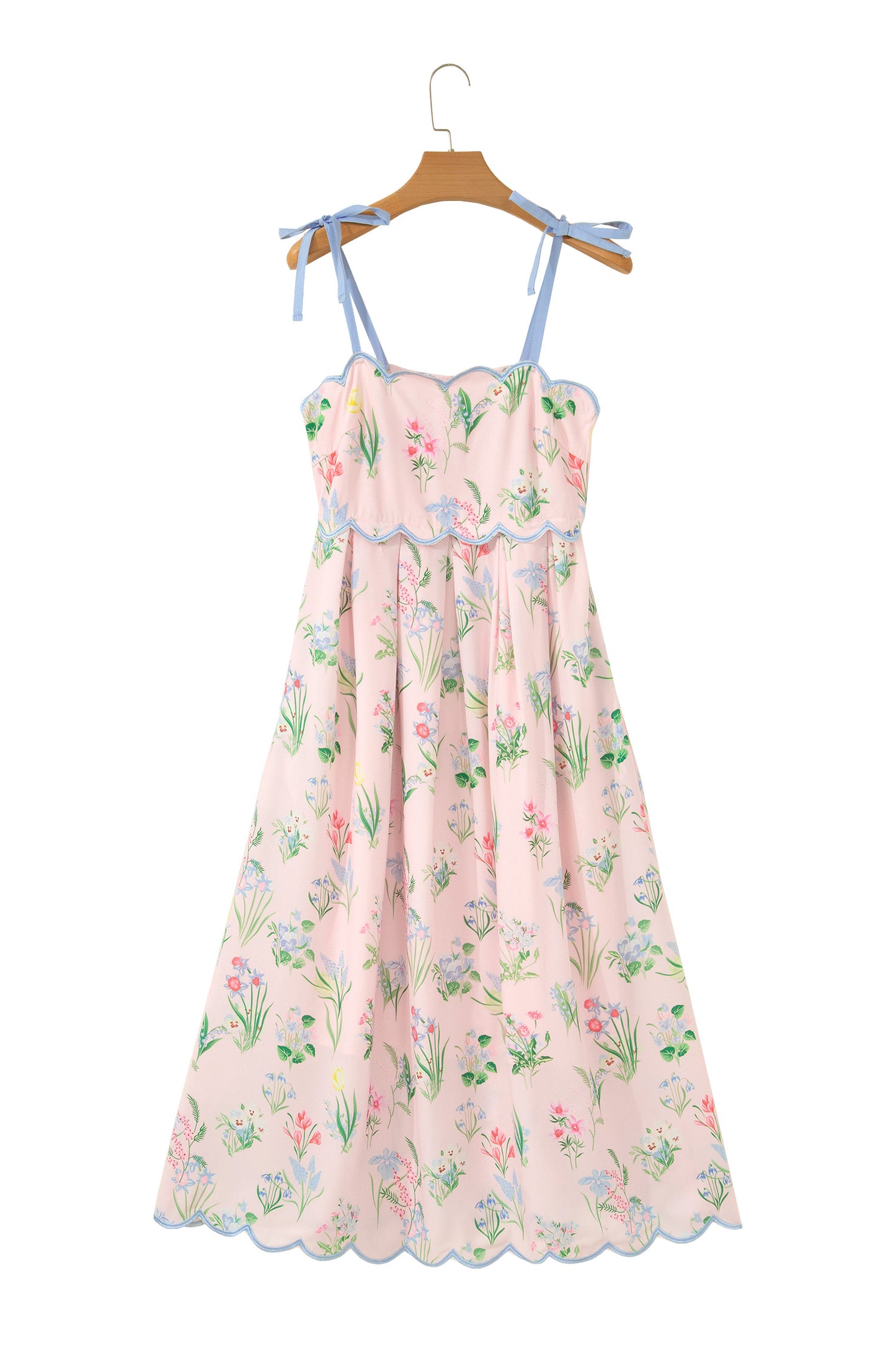 Beige Floral Print Contrast Trim Self-tie Straps High Waist Midi Dress-TOPS / DRESSES-[Adult]-[Female]-2022 Online Blue Zone Planet