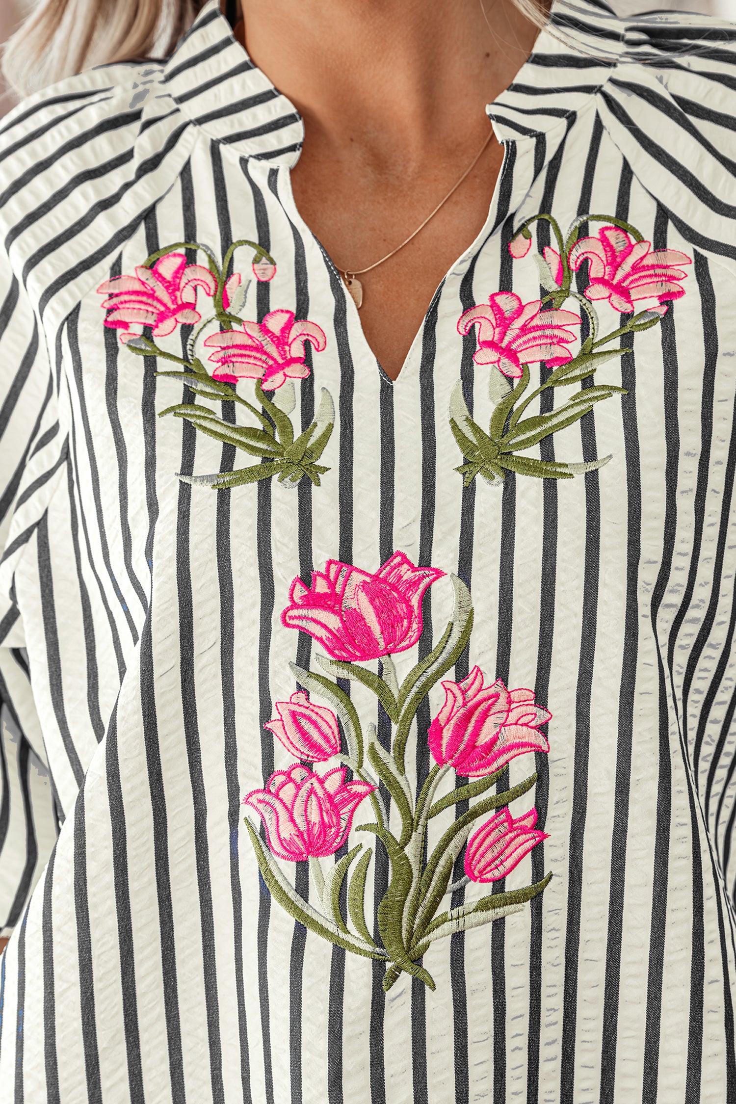 Blue Stripe Floral Embroidered Detail V Neck Short Sleeve Blouse-Tops/Blouses & Shirts-[Adult]-[Female]-2022 Online Blue Zone Planet