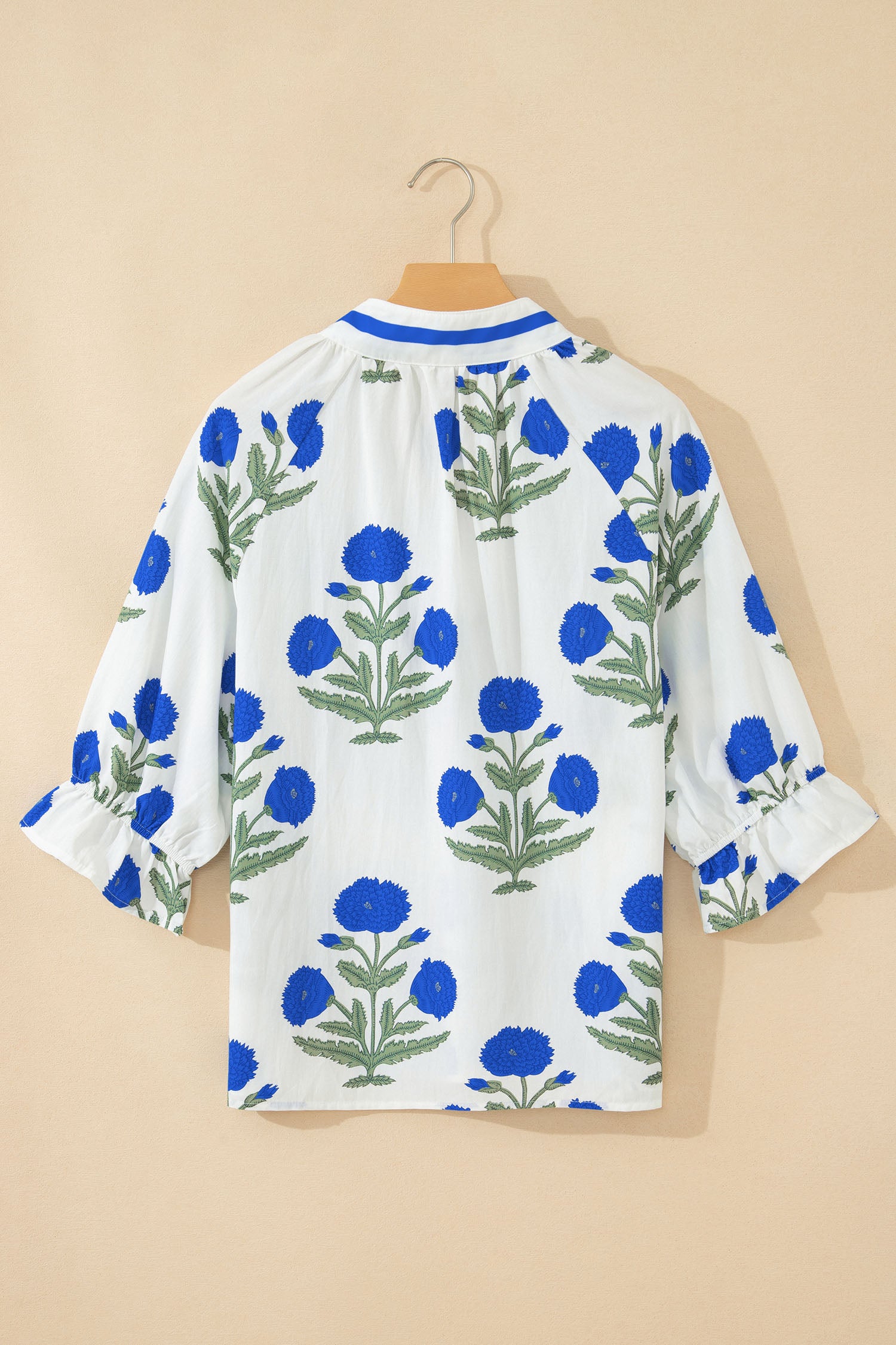 Sky Blue Casual Wild Flower Print V Neck 3/4 Sleeve Blouse-Tops/Blouses & Shirts-[Adult]-[Female]-2022 Online Blue Zone Planet