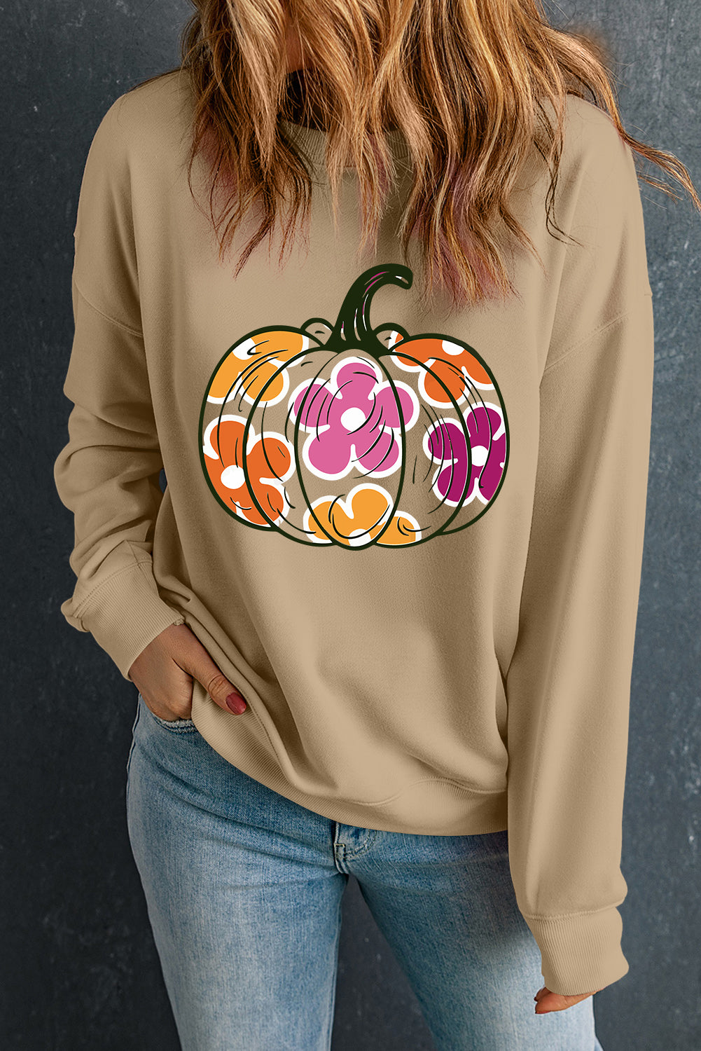 Khaki Halloween Floral Pumpkin Graphic Drop Shoulder Sweatshirt-Graphic/Graphic Sweatshirts-[Adult]-[Female]-2022 Online Blue Zone Planet