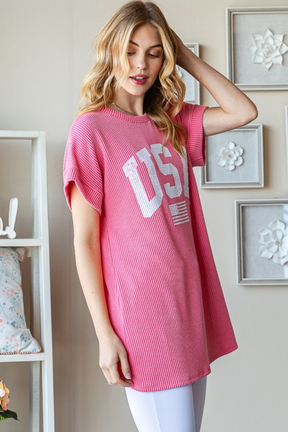 Heimish Full Size USA Graphic Short Sleeve Ribbed Top-TOPS / DRESSES-[Adult]-[Female]-2022 Online Blue Zone Planet