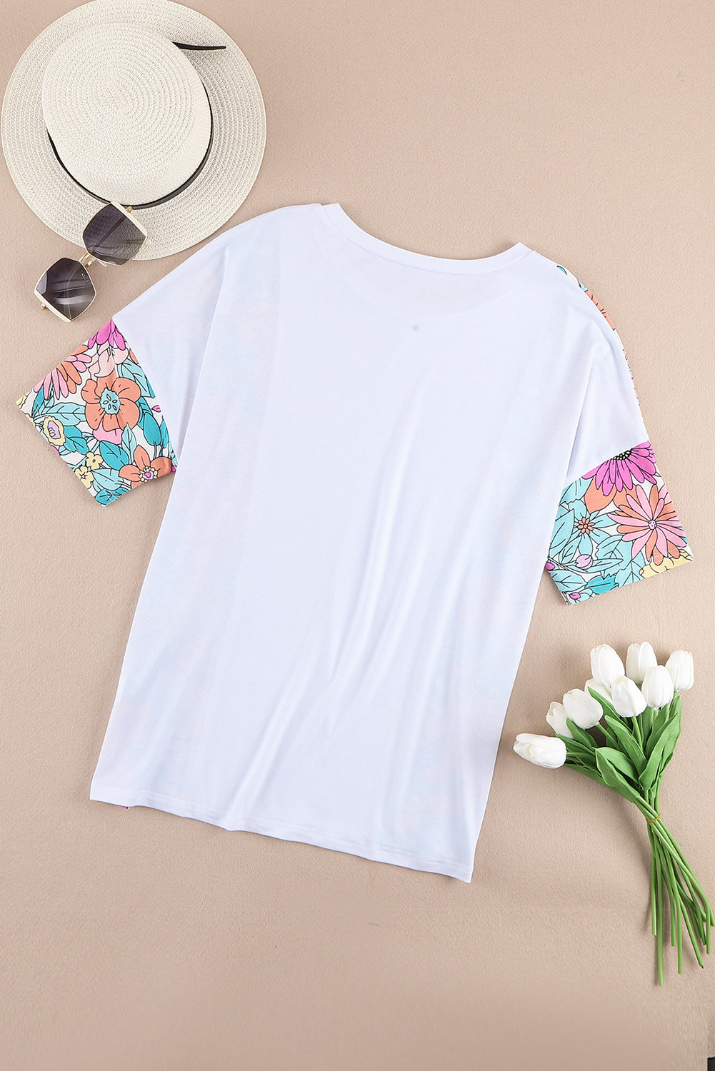 White Floral Print Patchwork Short Sleeve Top-Tops/Tops & Tees-[Adult]-[Female]-2022 Online Blue Zone Planet