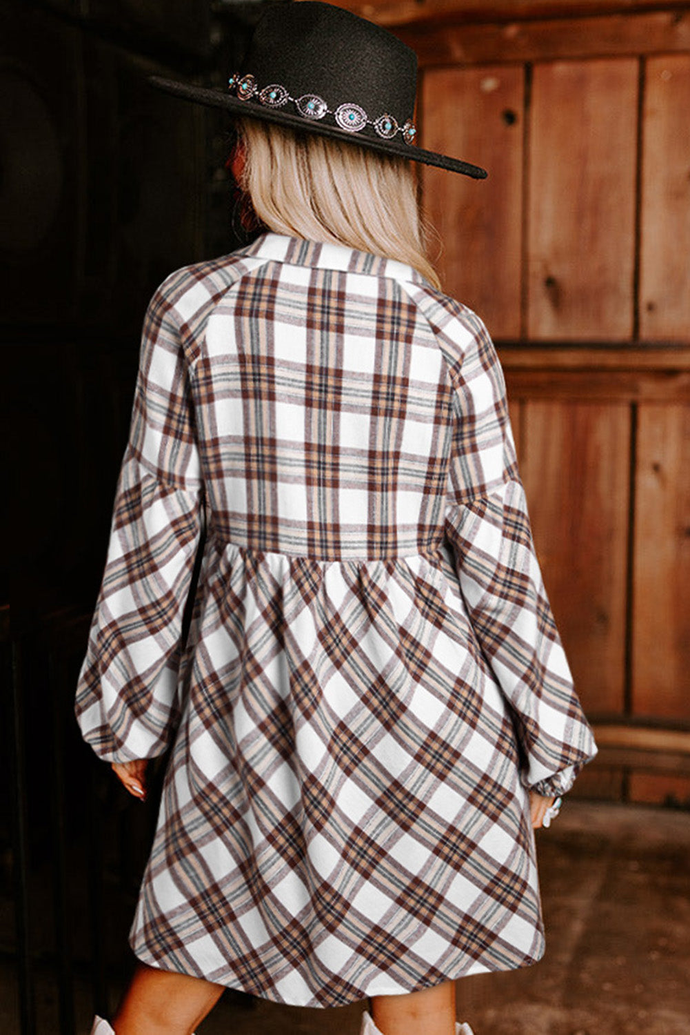 Blue Zone Planet | White Plaid Bubble Sleeve Flowy Shirt Dress-TOPS / DRESSES-[Adult]-[Female]-2022 Online Blue Zone Planet