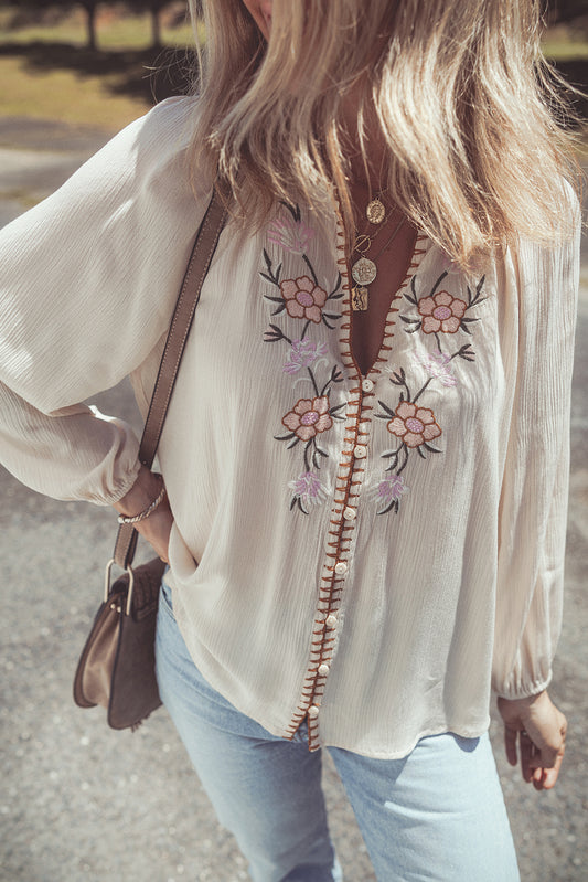 Beige Floral Embroidered Textured Puff Sleeve Loose Shirt-Tops/Blouses & Shirts-[Adult]-[Female]-Beige-S-2022 Online Blue Zone Planet