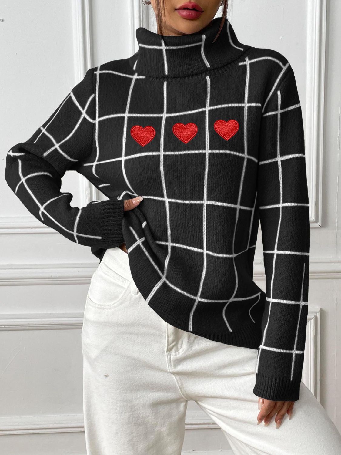 Heart Plaid Turtleneck Long Sleeve Sweater-TOPS / DRESSES-[Adult]-[Female]-2022 Online Blue Zone Planet