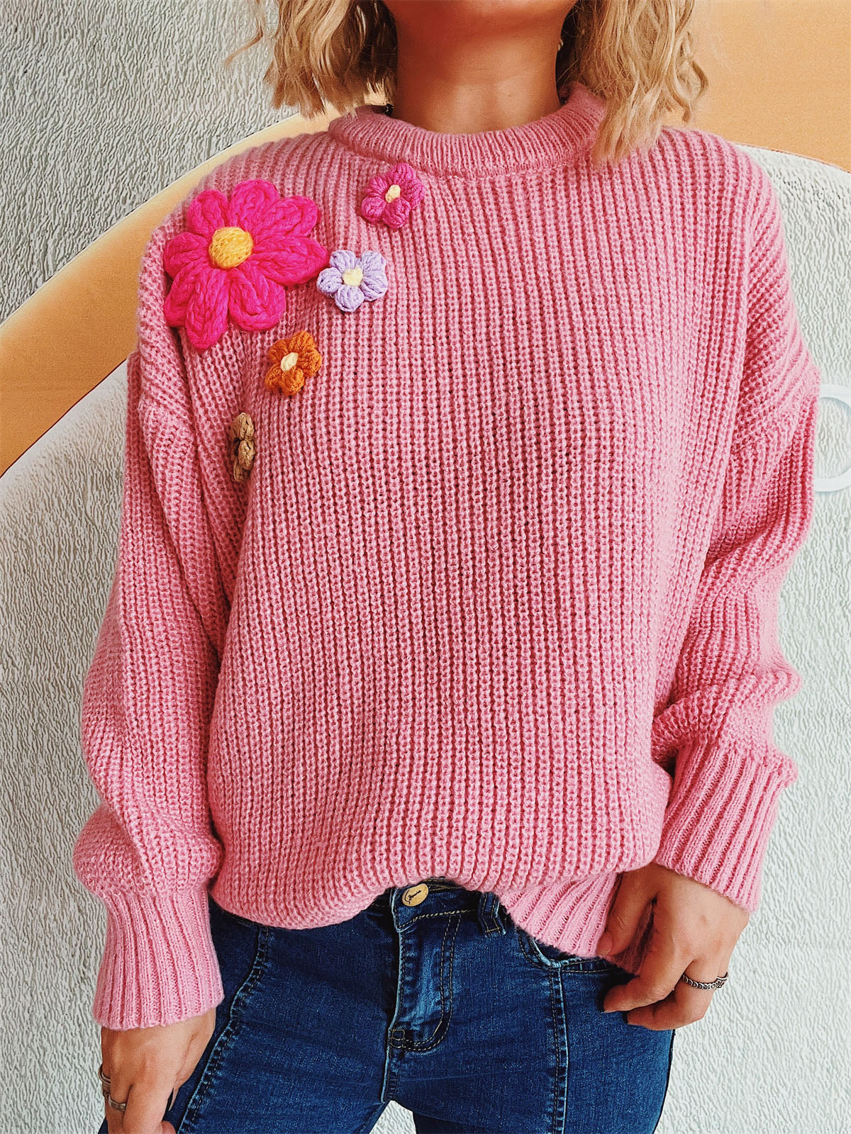 Crochet Flower Round Neck Dropped Shoulder Sweater-TOPS / DRESSES-[Adult]-[Female]-Pink-One Size-2022 Online Blue Zone Planet