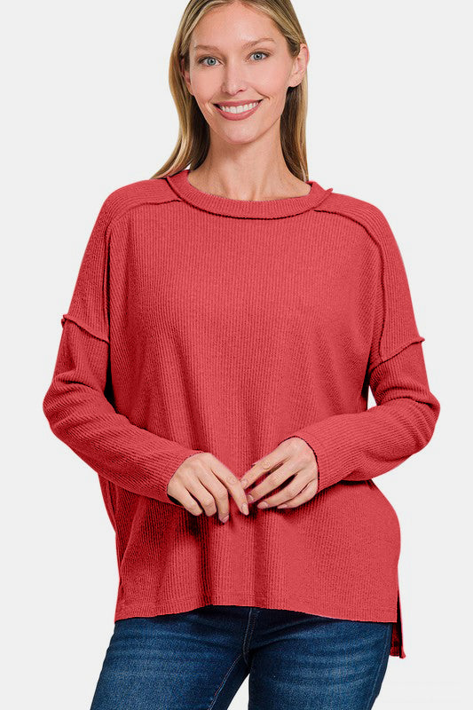 Zenana Full Size Exposed Seam Brushed Round Neck Sweater-TOPS / DRESSES-[Adult]-[Female]-2022 Online Blue Zone Planet