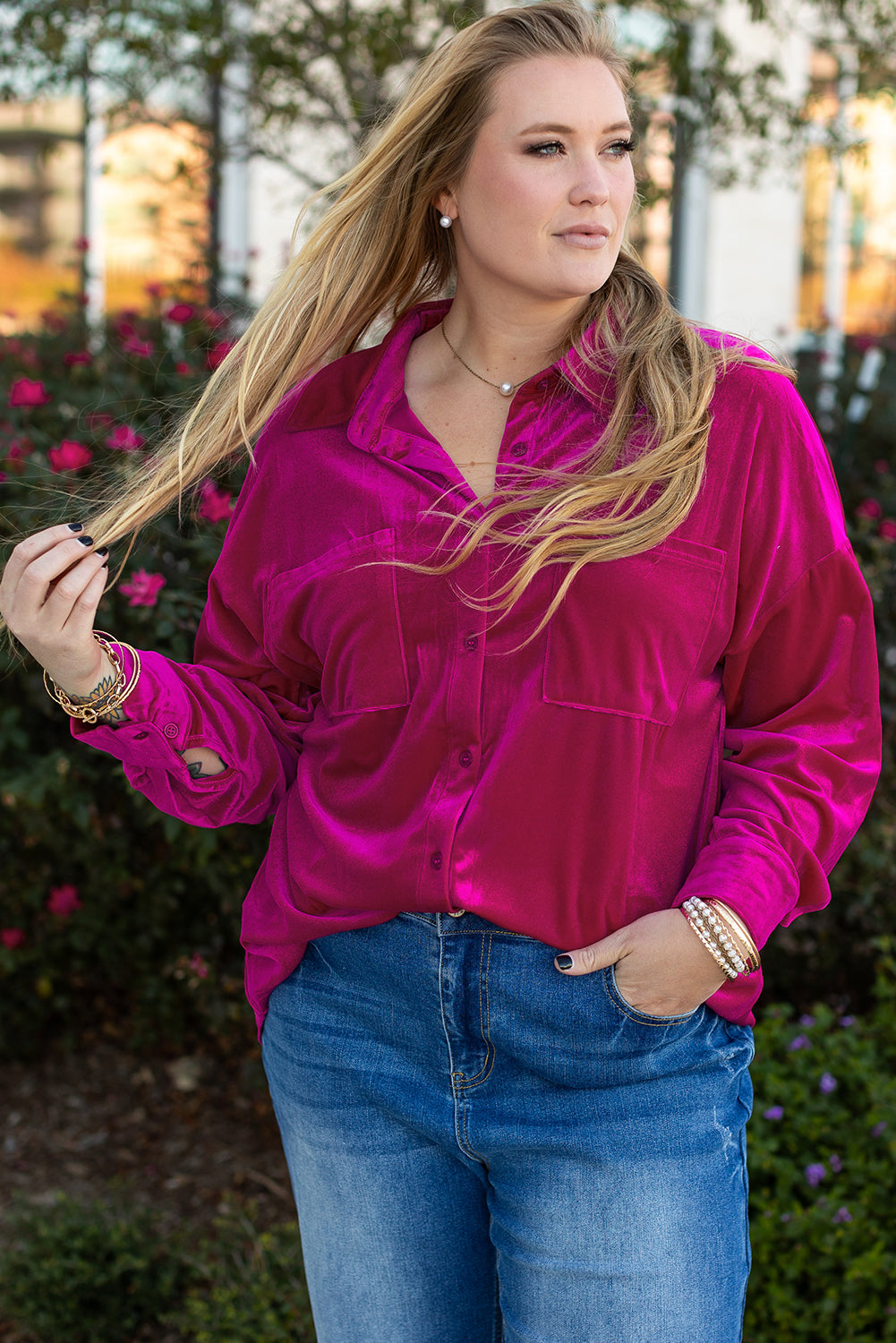 Blue Zone Planet | Chestnut Plus Size Velvet Chest Pocket Drop Shoulder Shirt-Plus Size/Plus Size Tops/Plus Size Blouses & Shirts-[Adult]-[Female]-Bright Pink-1X-2022 Online Blue Zone Planet