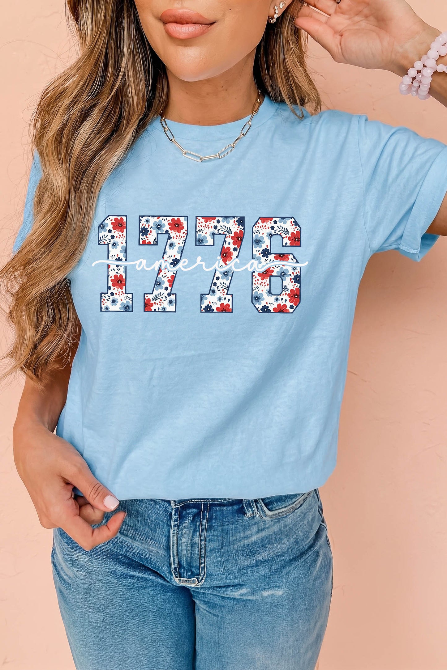 Light Blue America 1776 Floral Print Relaxed T Shirt