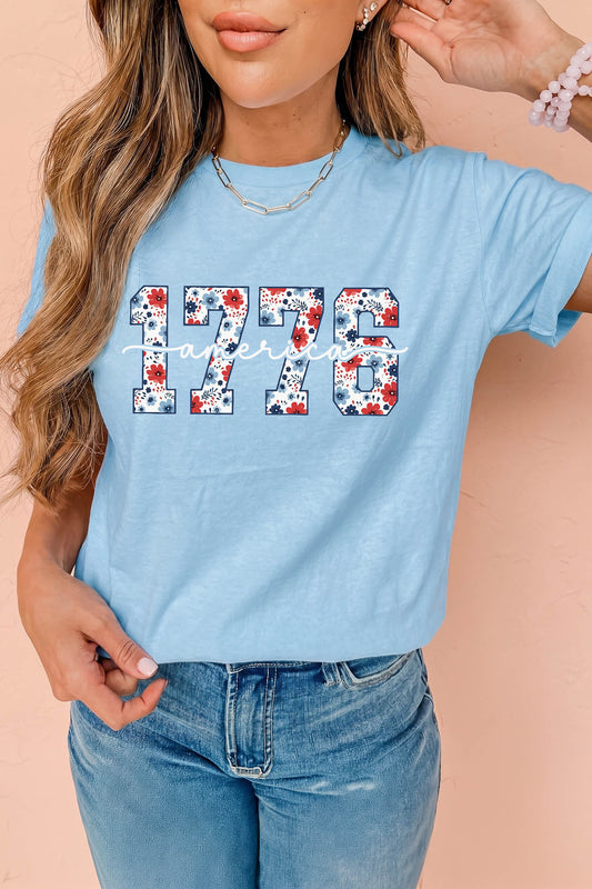 Light Blue America 1776 Floral Print Relaxed T Shirt-Graphic/Graphic Tees-[Adult]-[Female]-Light Blue-S-2022 Online Blue Zone Planet