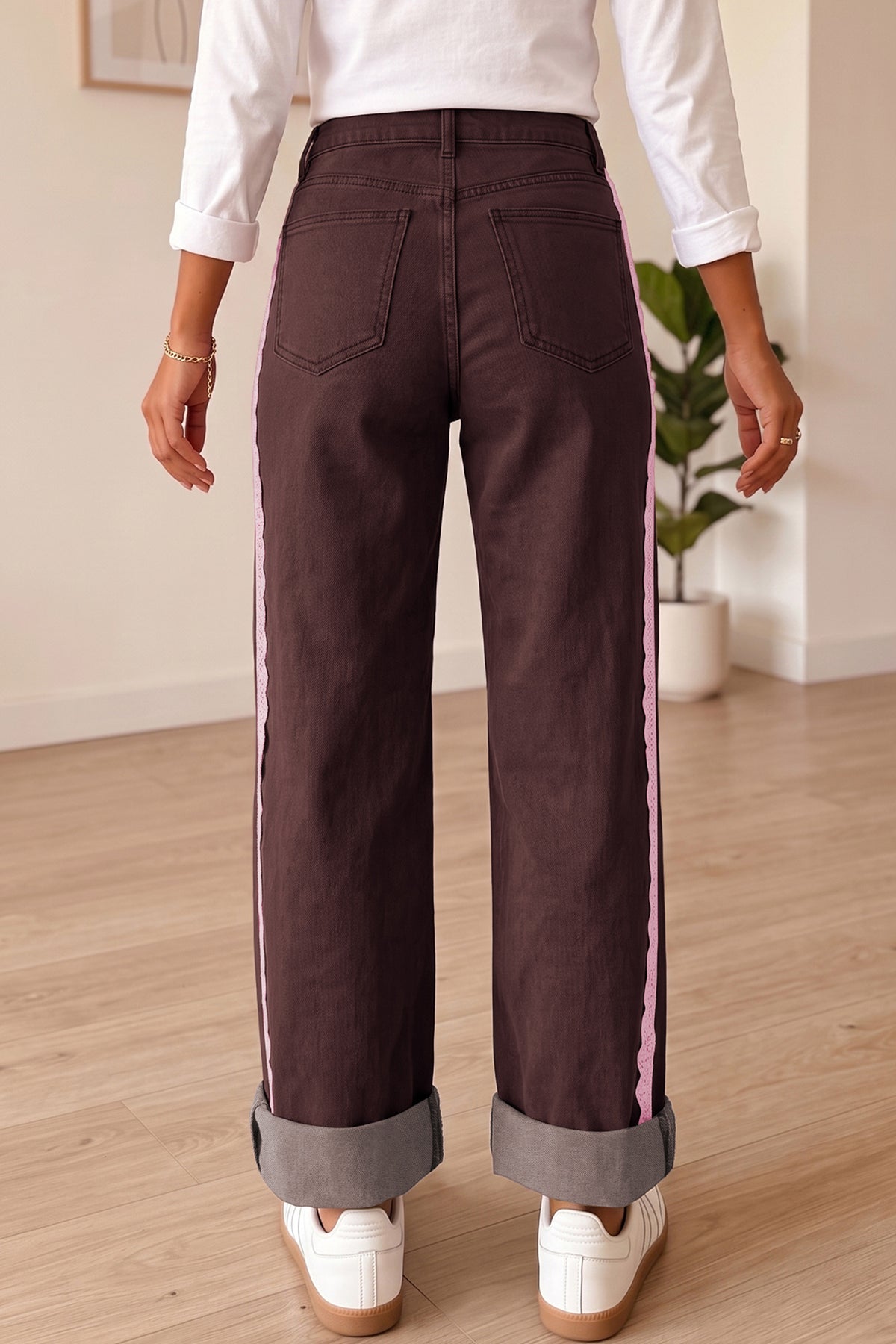 Coffee Lace Trim Casual Full-Length Regular Fit Jeans-Bottoms/Jeans-[Adult]-[Female]-2022 Online Blue Zone Planet