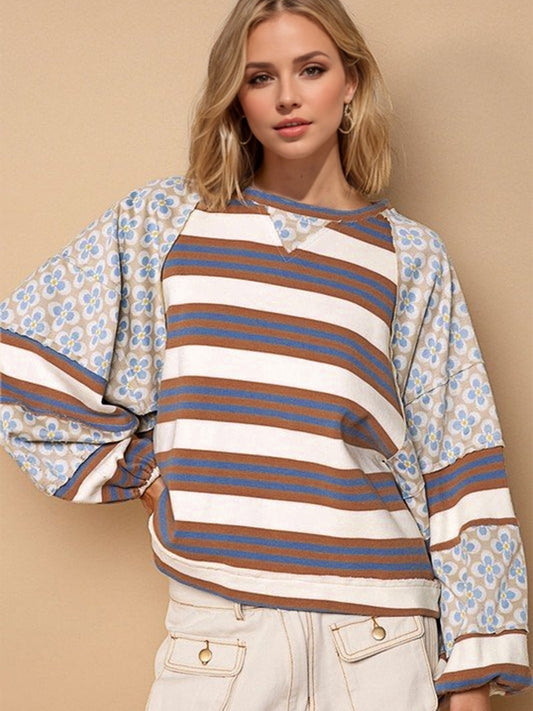 Flower & Striped Print Round Neck Sweatshirt-TOPS / DRESSES-[Adult]-[Female]-Camel-S-2022 Online Blue Zone Planet