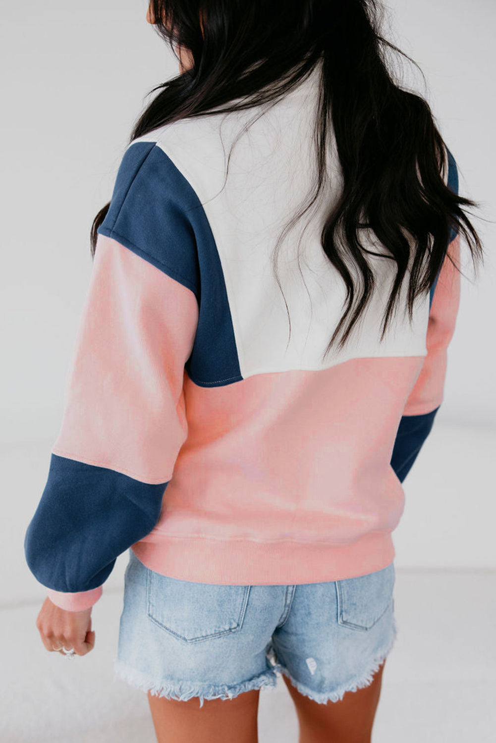 Pink Colorblock Patchwork Half Button Baggy Sweatshirt-Tops/Sweatshirts & Hoodies-[Adult]-[Female]-2022 Online Blue Zone Planet