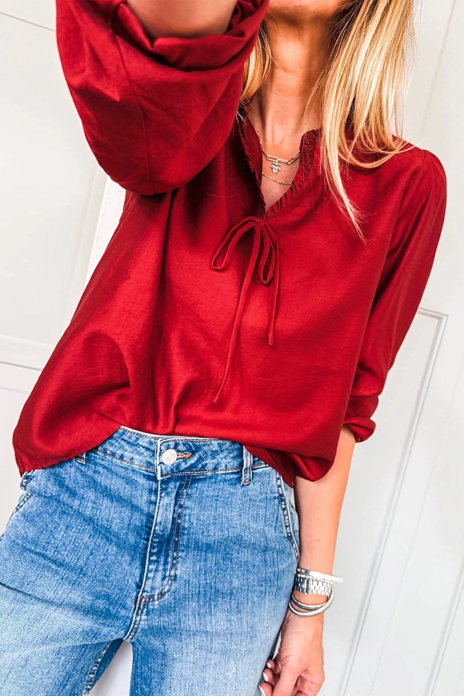 Fiery Red Solid Color Frilled V Neck Bow Detail 3/4 Sleeve Blouse-Tops/Blouses & Shirts-[Adult]-[Female]-2022 Online Blue Zone Planet