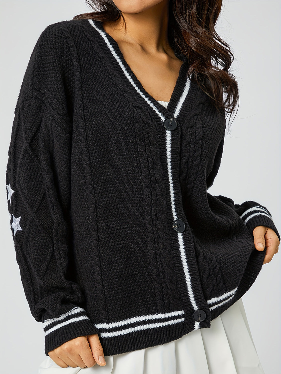 Star Embroidered V-Neck Long Sleeve Cardigan-TOPS / DRESSES-[Adult]-[Female]-Black-One Size-2022 Online Blue Zone Planet