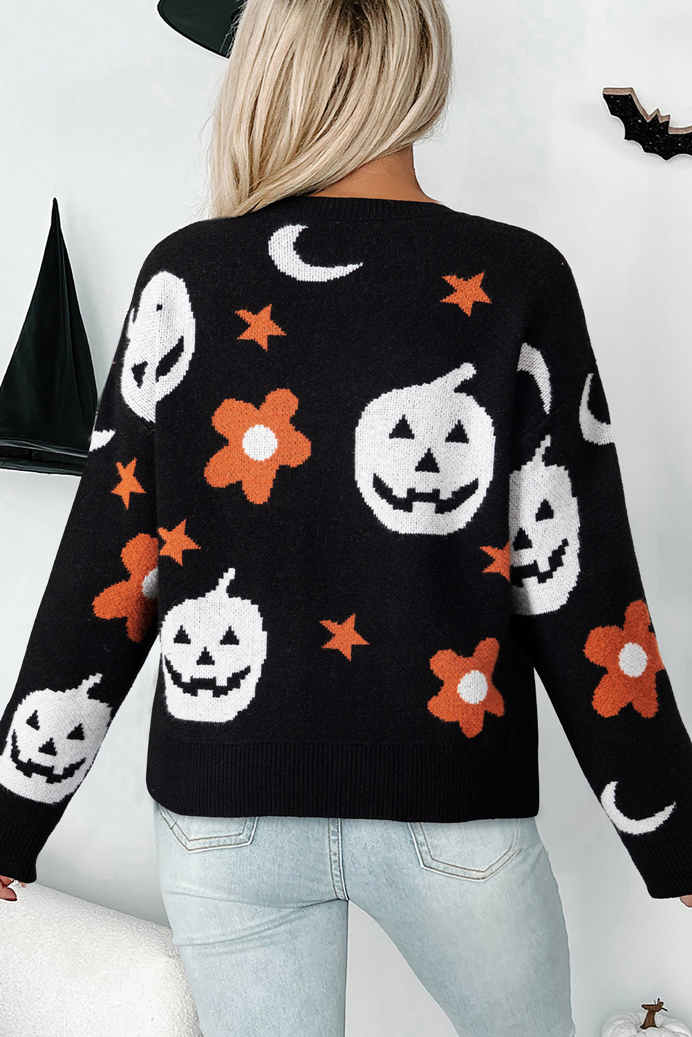 Black Halloween Mythical Night Pattern Drop Shoulder Sweater-TOPS / DRESSES-[Adult]-[Female]-2022 Online Blue Zone Planet