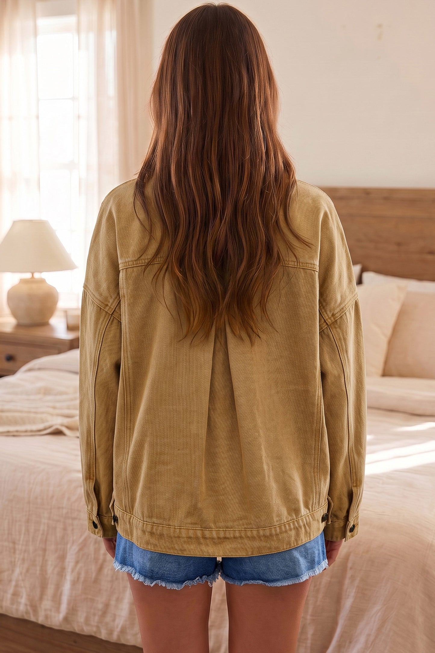 honey gold Metal Button Front Long Sleeve Collar Denim Jacket-Outerwear/Denim jackets-[Adult]-[Female]-2022 Online Blue Zone Planet