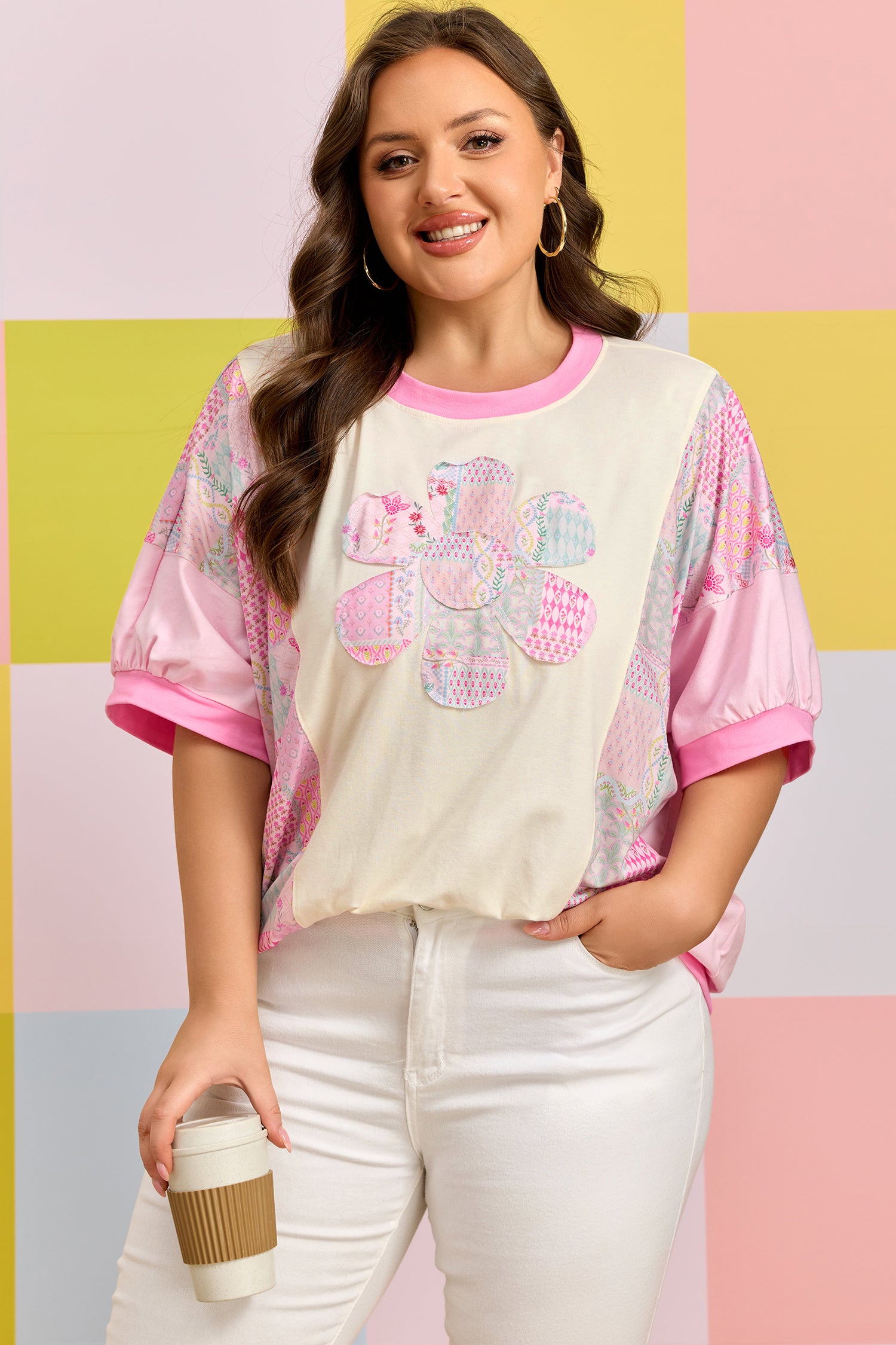 Beige Plus Size Floral Patchwork Short Sleeve Patch Embroidery Cotton T Shirt-Plus Size/Plus Size Tops/Plus Size Tops & Tees-[Adult]-[Female]-2022 Online Blue Zone Planet