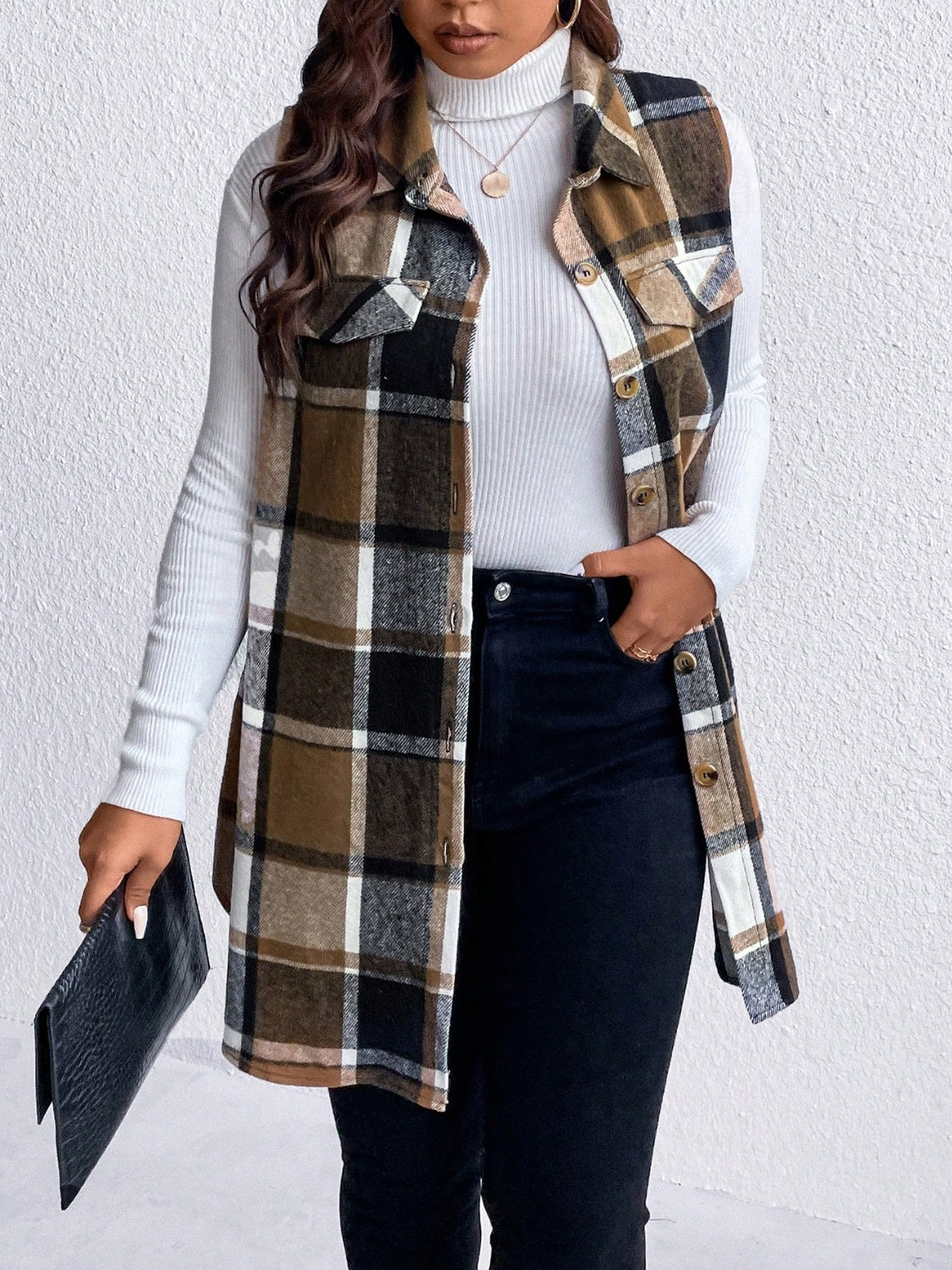 Honey Plus Size Pocketed Plaid Button Up Vest Coat-TOPS / DRESSES-[Adult]-[Female]-2022 Online Blue Zone Planet