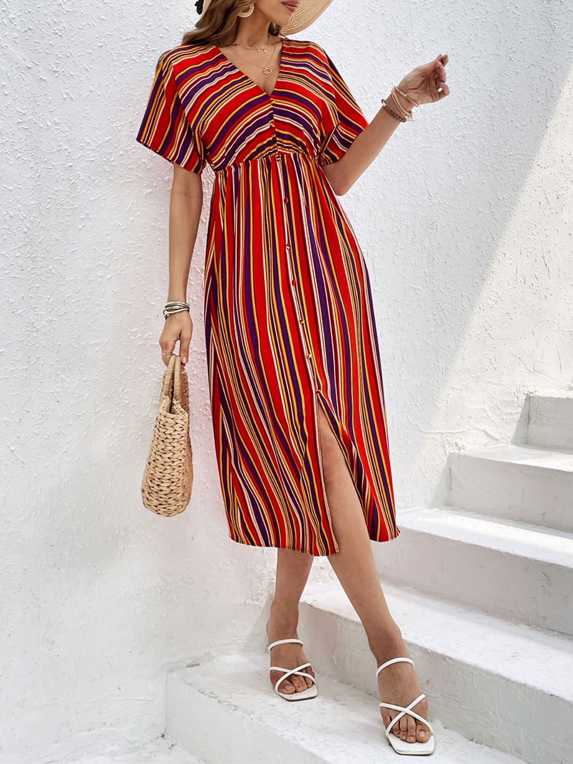 Slit Striped V-Neck Short Sleeve Midi Dress-TOPS / DRESSES-[Adult]-[Female]-2022 Online Blue Zone Planet